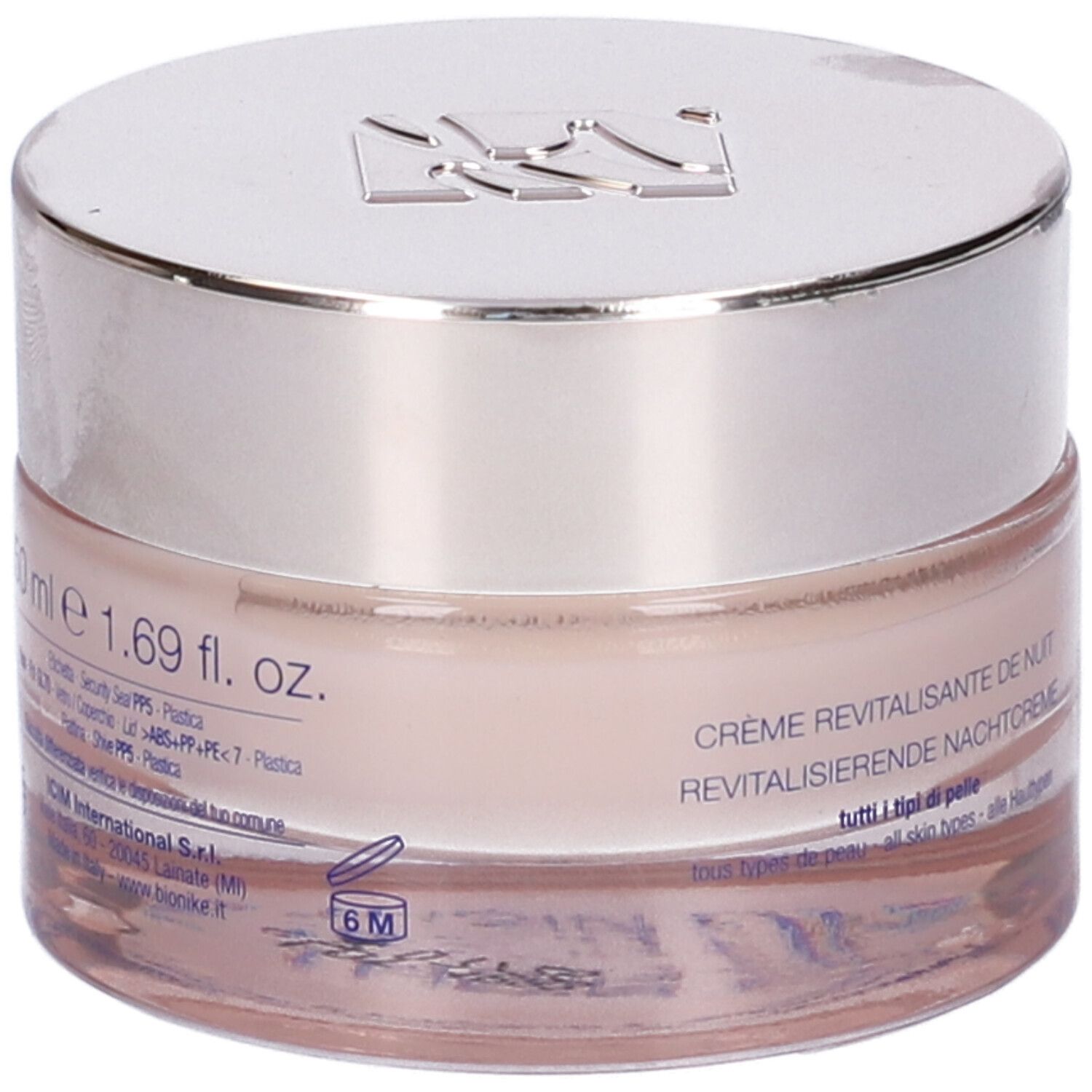 Creme-Glas mit silbernem Deckel. Aufschrift: 50 ml e 1.69 fl. oz. Crème revitalisante de nuit. Für alle Hauttypen. Bionike.