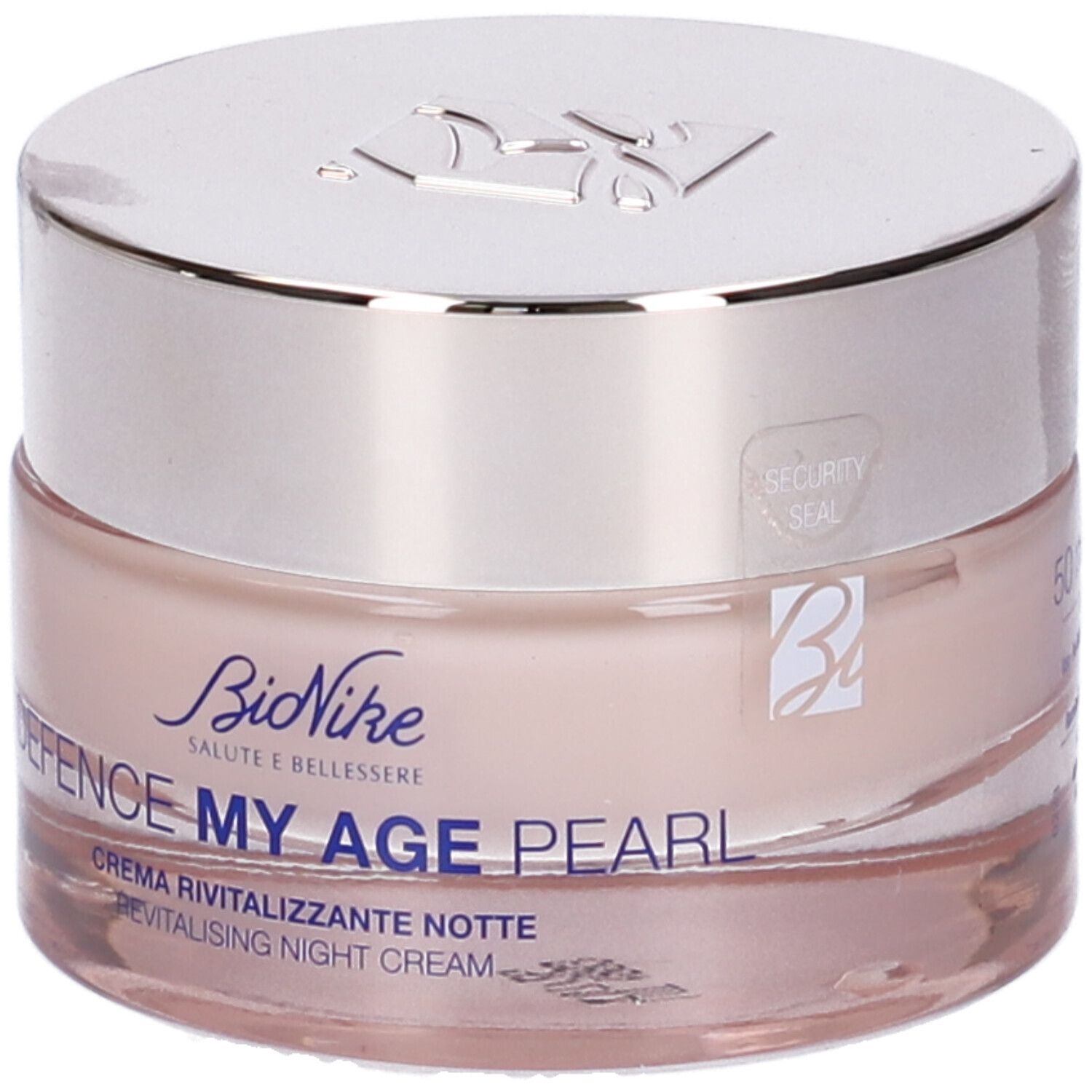 Creme-Glas mit silbernem Deckel. Aufschrift: Bionike, Defence My Age Pearl, Creme Rivitalizzante Notte. Sicherheitsverschluss.