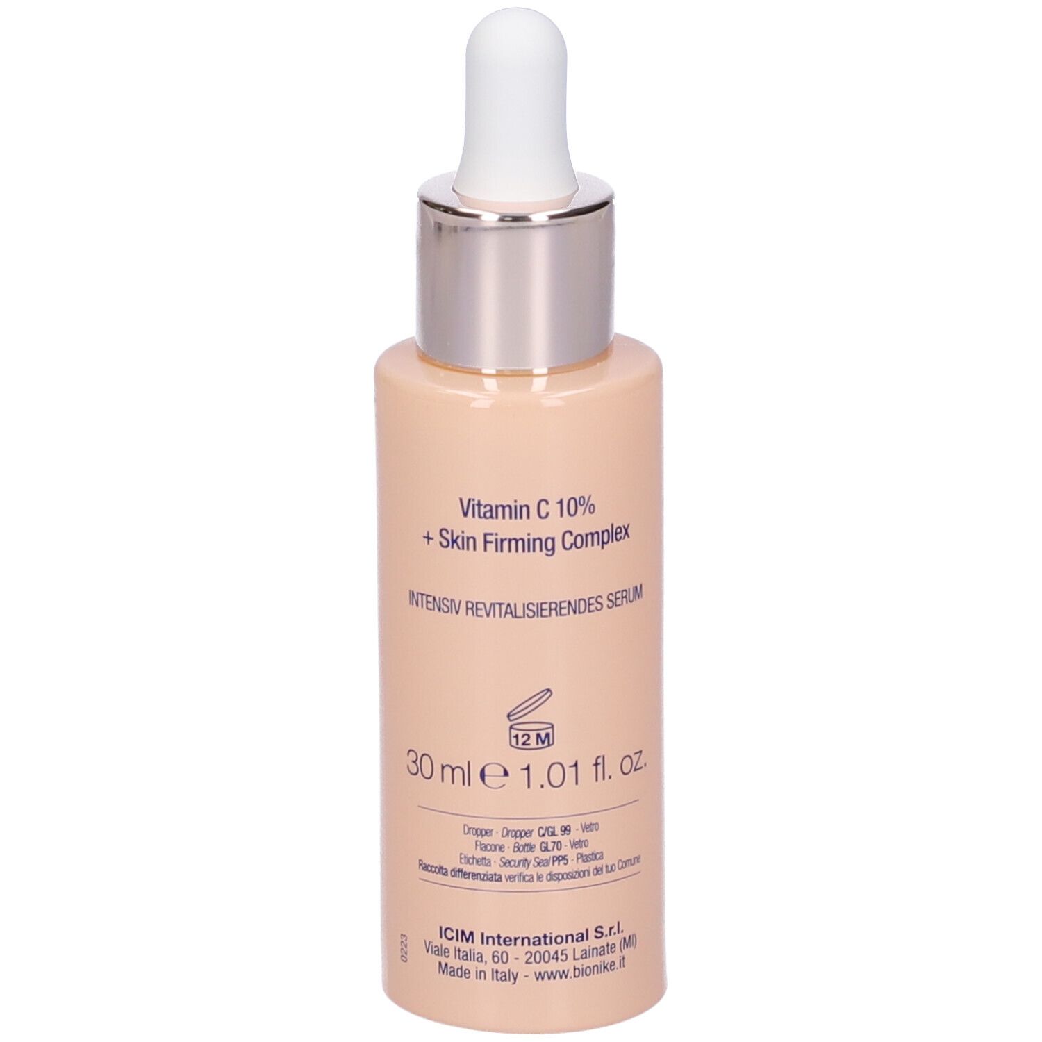Beige Flasche mit weißem Tropfer. Aufschrift: Vitamin C 10% + Skin Firming Complex. Marke Bionike.