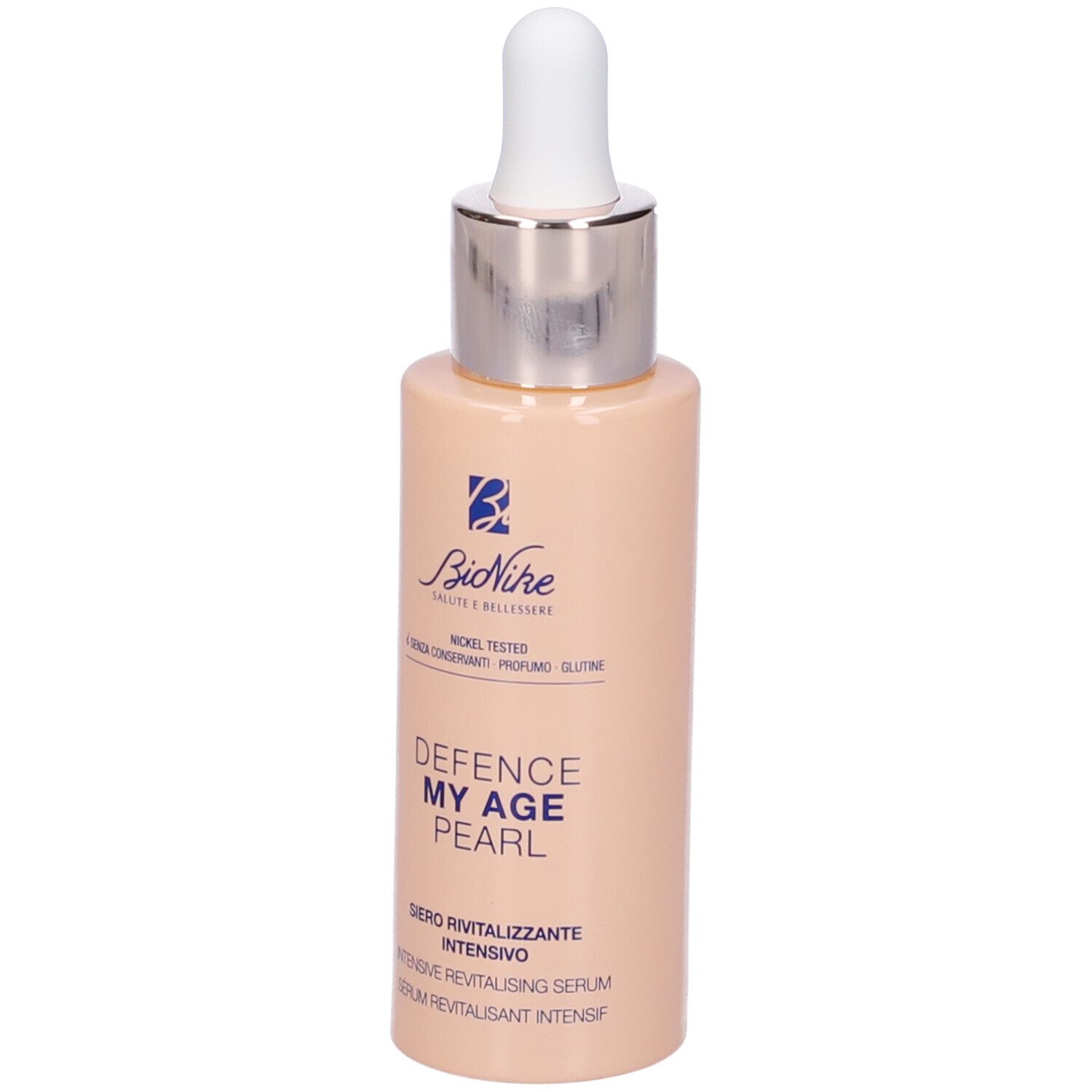 Beige Flasche mit weißem Tropfer. Aufschrift: Defence My Age Pearl. Marke Bionike.