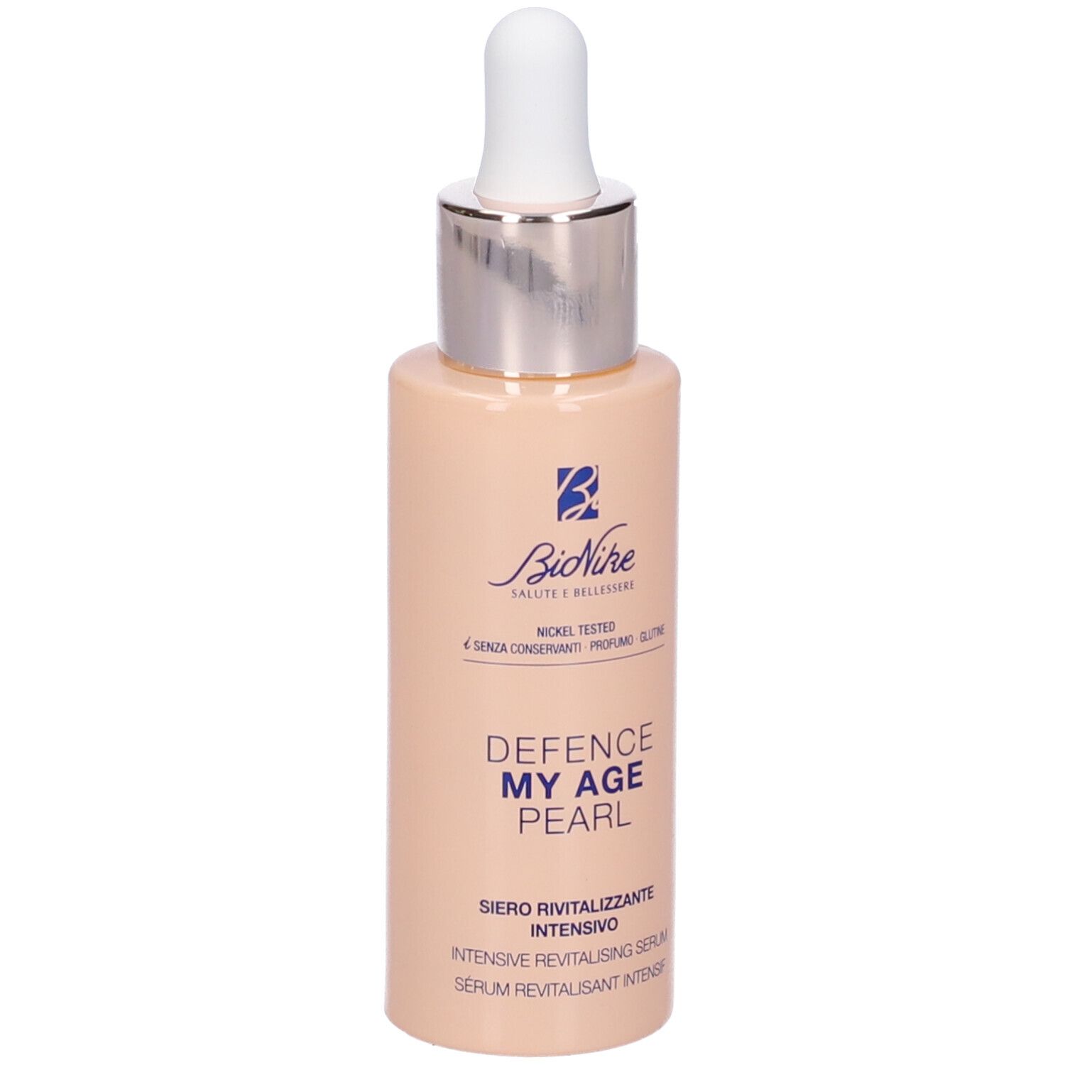Beige Flasche mit weißem Tropfer. Aufschrift: Defence My Age Pearl. Marke Bionike.
