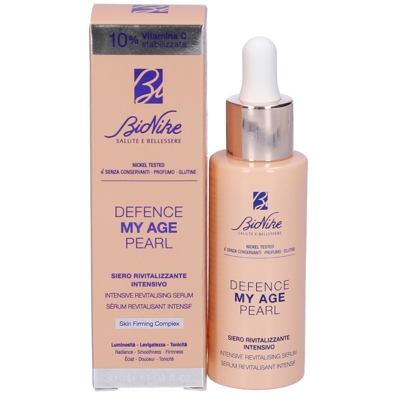 Produktflasche und Verpackung. Aufschrift: Defence My Age Pearl. Marke Bionike.