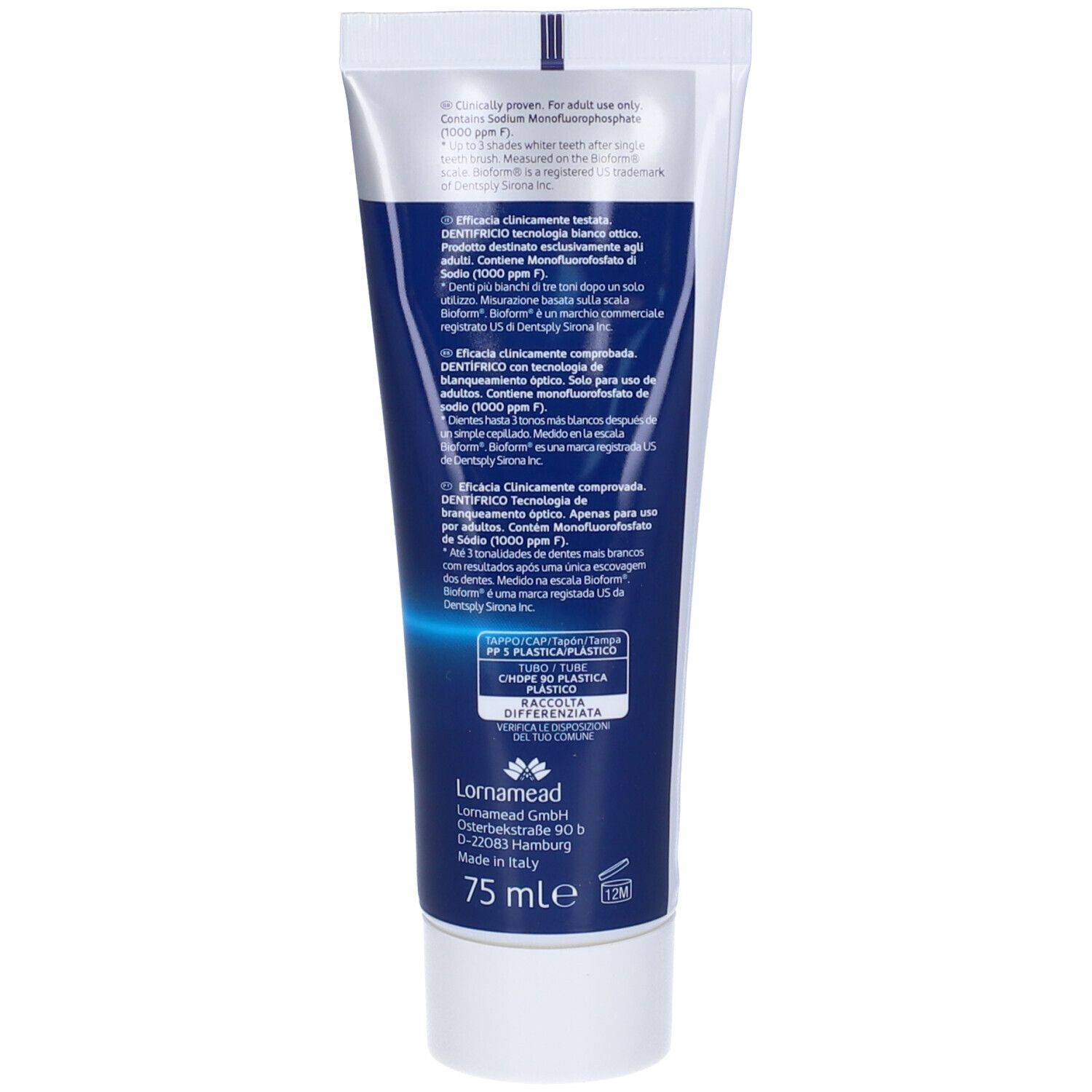 Rückseite der Zahncreme-Tube Rapid White Express White. Text in mehreren Sprachen. 75 ml.