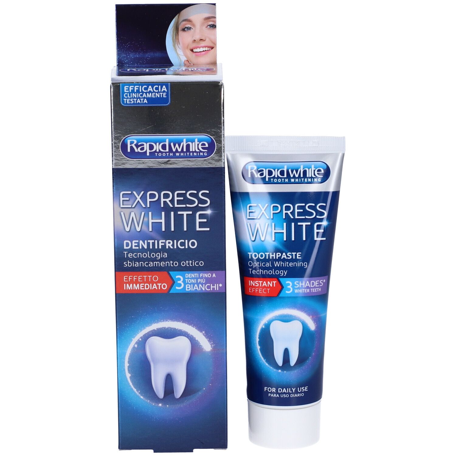 Rapid White Express White Dentifricio Sbiancante. Tube und Schachtel. "Express White" und "3 Shades".