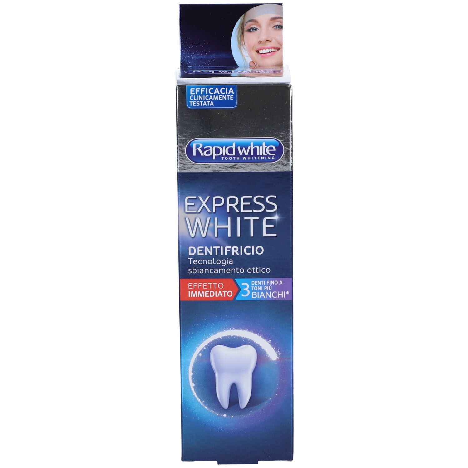 Schachtel Rapid White Express White Dentifricio Sbiancante. "Express White" und "3 Shades".
