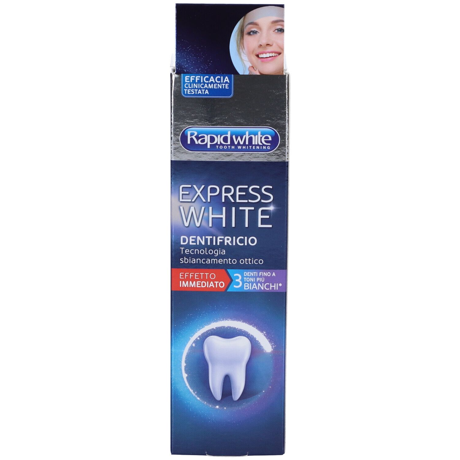 Schachtel Rapid White Express White Dentifricio Sbiancante. "Express White" und "3 Shades".