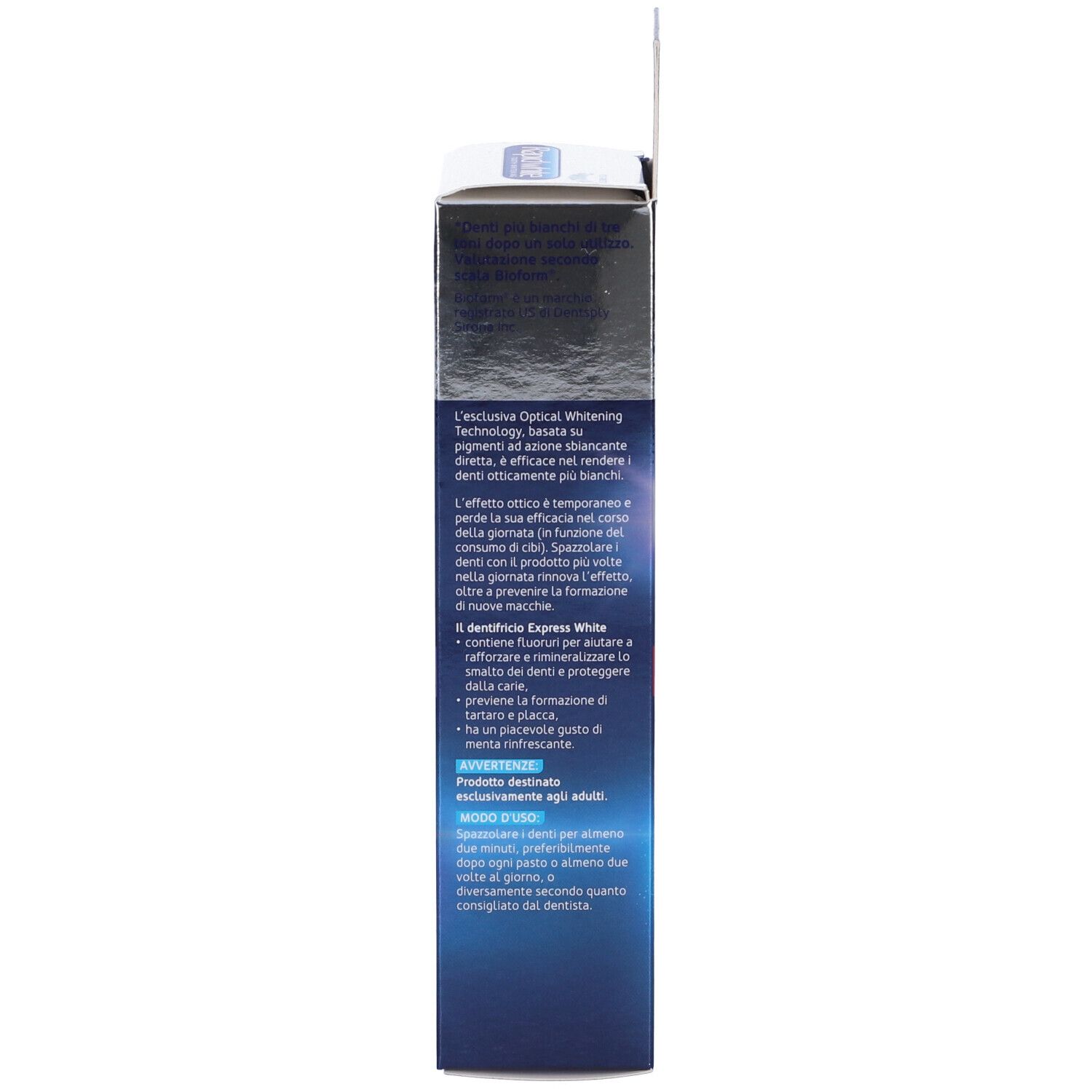 Seite der Schachtel Rapid White Express White Dentifricio Sbiancante. Text.