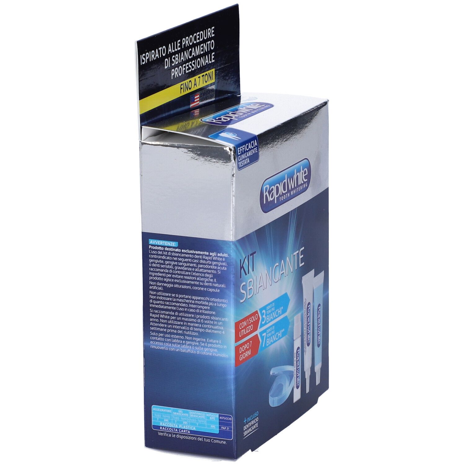Schachtel Rapid White Kit Sbiancante, Seitenansicht. Enthält Tuben, Behälter und Anweisungen. Text: 'Fino a 7 toni'.