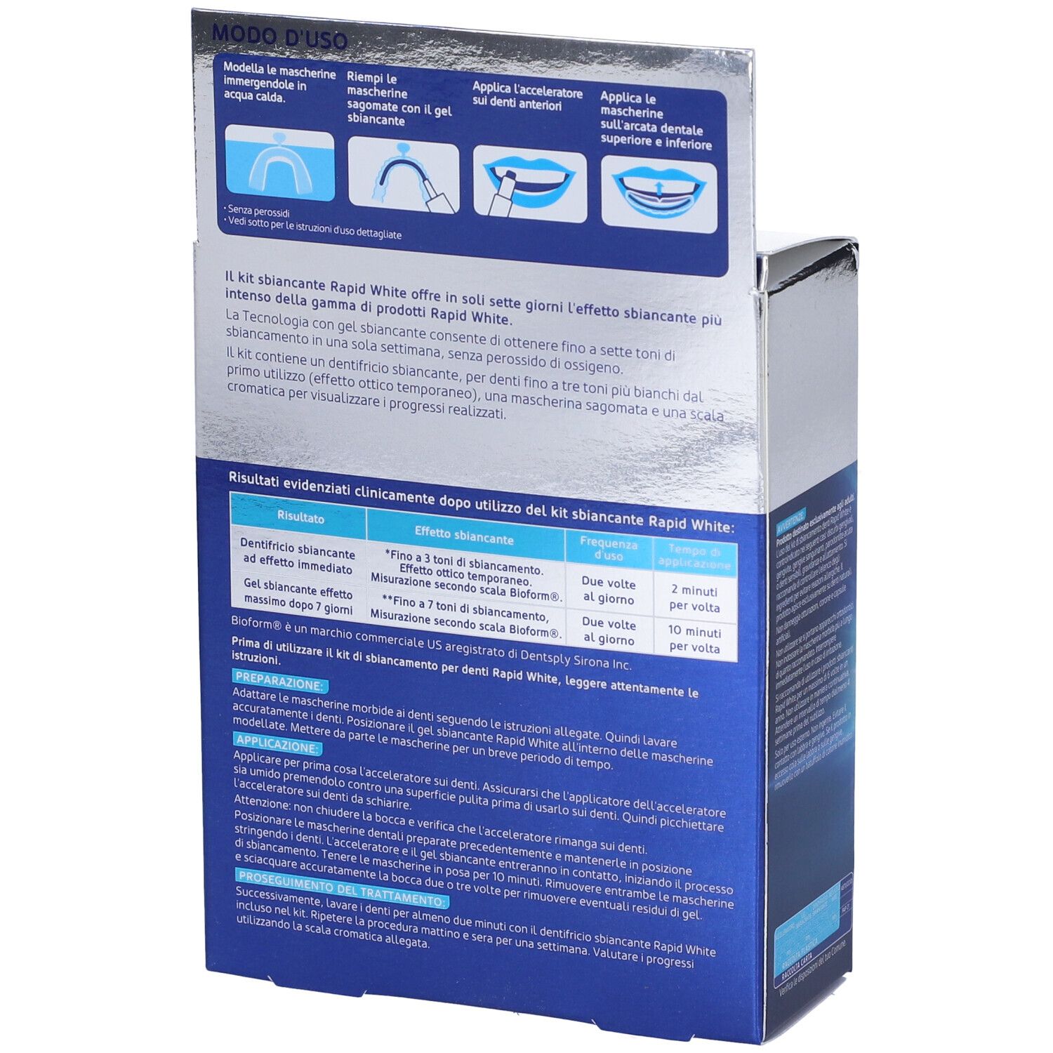 Rückseite der Rapid White Kit Sbiancante-Box. Enthält Anweisungen und Informationen zur Anwendung. Text: 'Risultati evidenziati'.