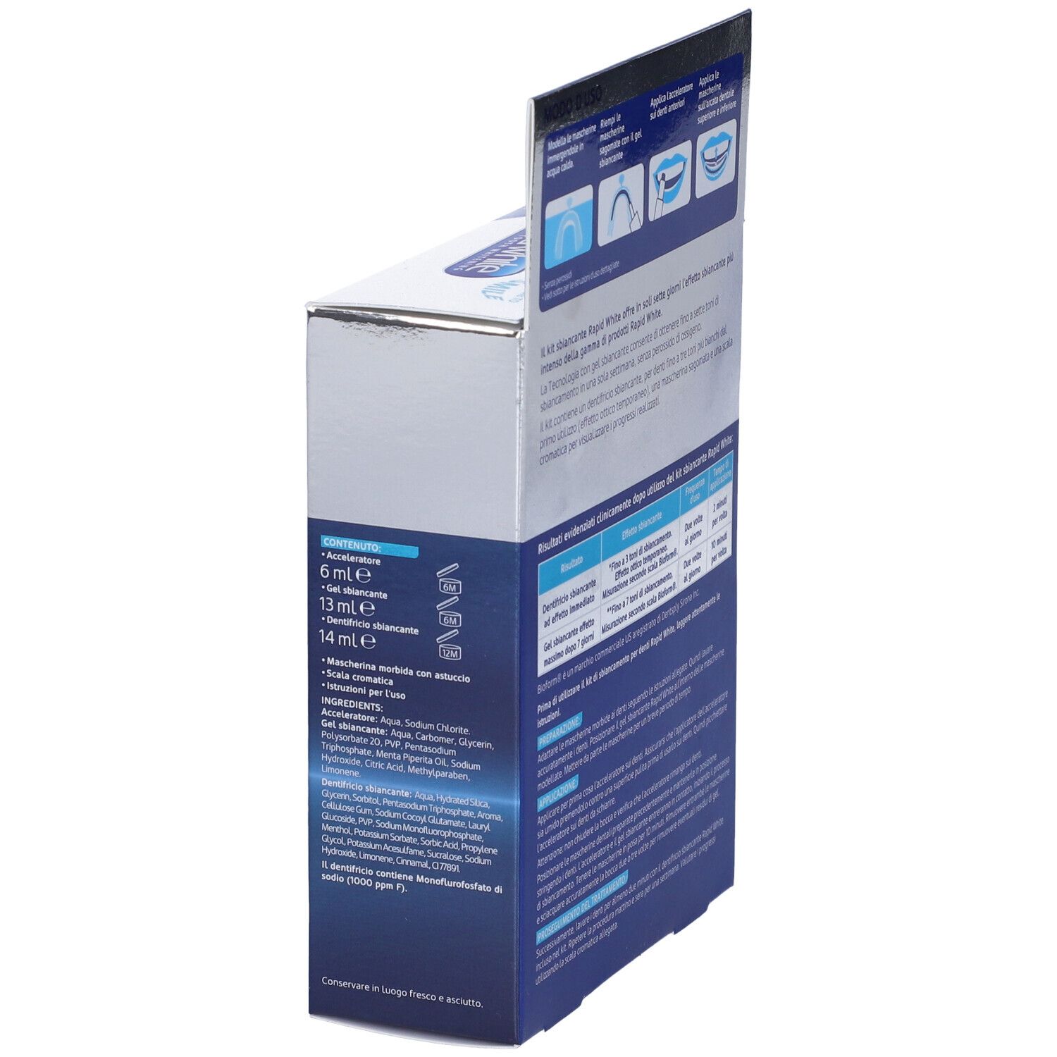 Seite der Rapid White Kit Sbiancante-Box. Enthält Informationen zu Inhaltsstoffen und Anwendung. Text: '6 ml e'.