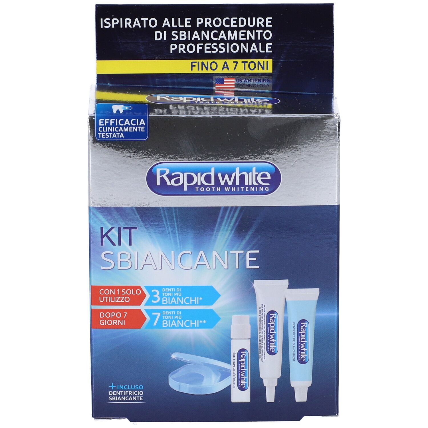 Rapid White Kit Sbiancante-Box. Enthält Tuben, Behälter und Anweisungen. Text: 'Fino a 7 toni'.
