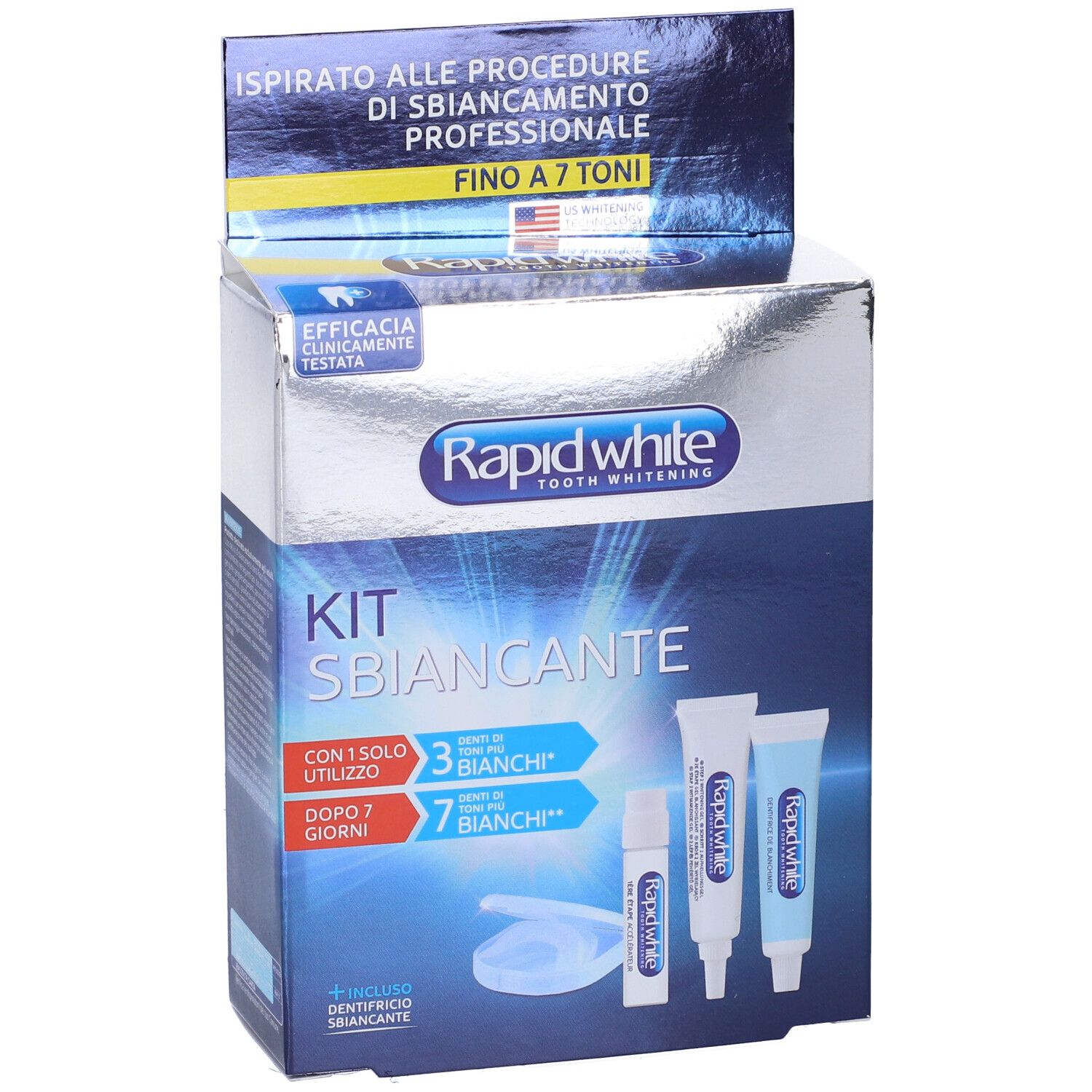 Rapid White Kit Sbiancante-Box. Enthält Tuben, Behälter und Anweisungen. Text: 'Fino a 7 toni'.