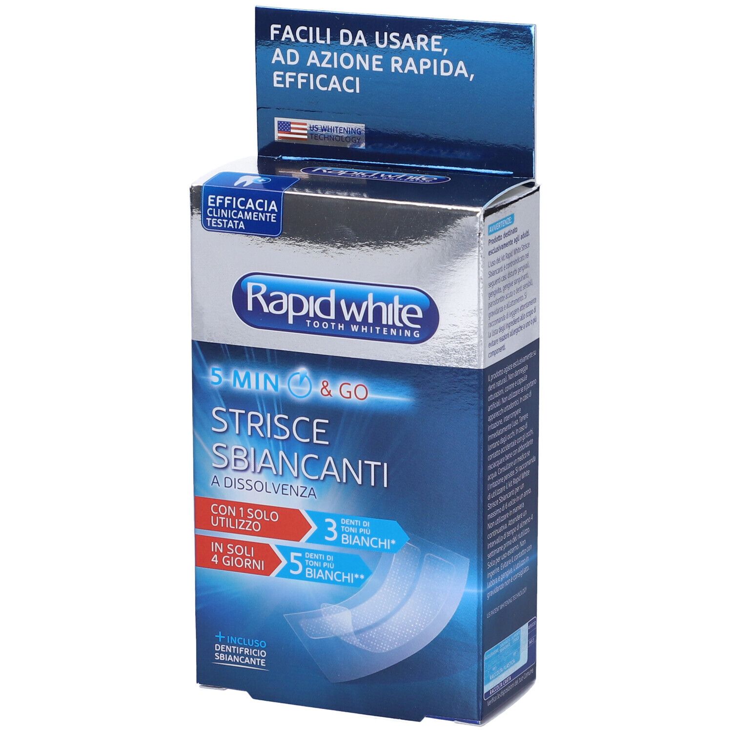 Scatola di strisce sbiancanti Rapid White. Contiene strisce per 1 uso, 3 denti più bianchi, 5 denti più bianchi in 4 giorni.