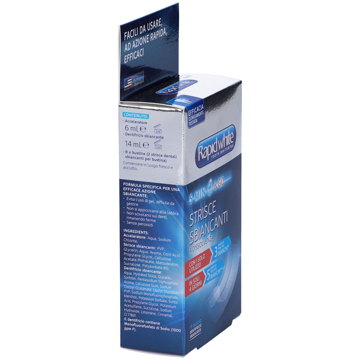 Scatola di strisce sbiancanti Rapid White. Contiene 8 bustine da 2 strisce. Ingredienti e istruzioni sulla confezione.