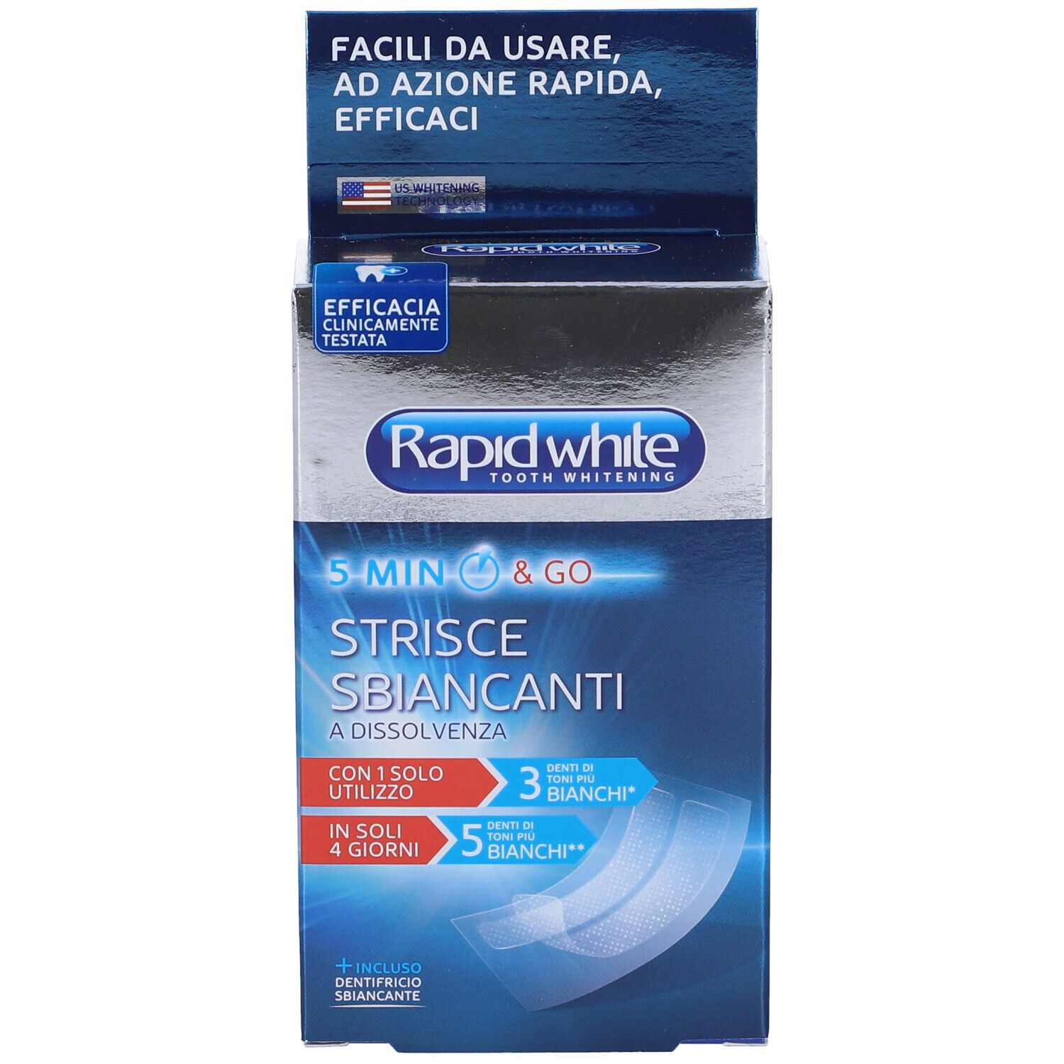 Confezione di strisce sbiancanti Rapid White. Contiene strisce per 1 uso, 3 denti più bianchi, 5 denti più bianchi in 4 giorni.