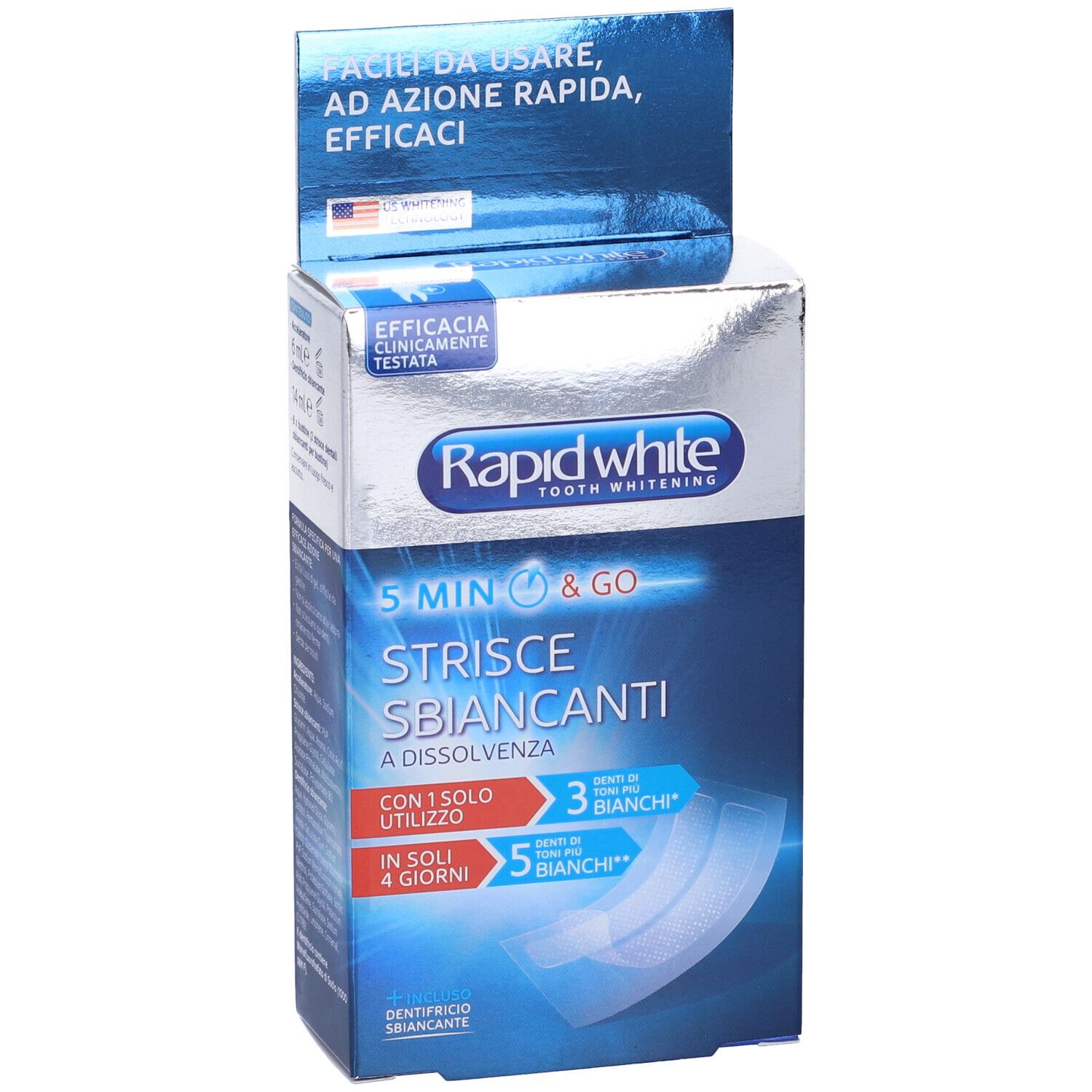 Confezione di strisce sbiancanti Rapid White. Contiene strisce per 1 uso, 3 denti più bianchi, 5 denti più bianchi in 4 giorni.