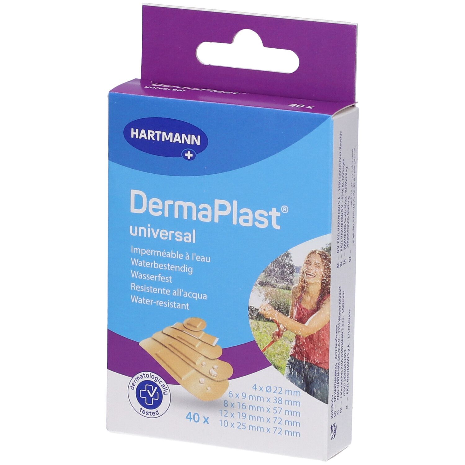 Confezione di cerotti Hartmann DermaPlast® universal. Contiene 40 pezzi in 5 formati. Impermeabile.