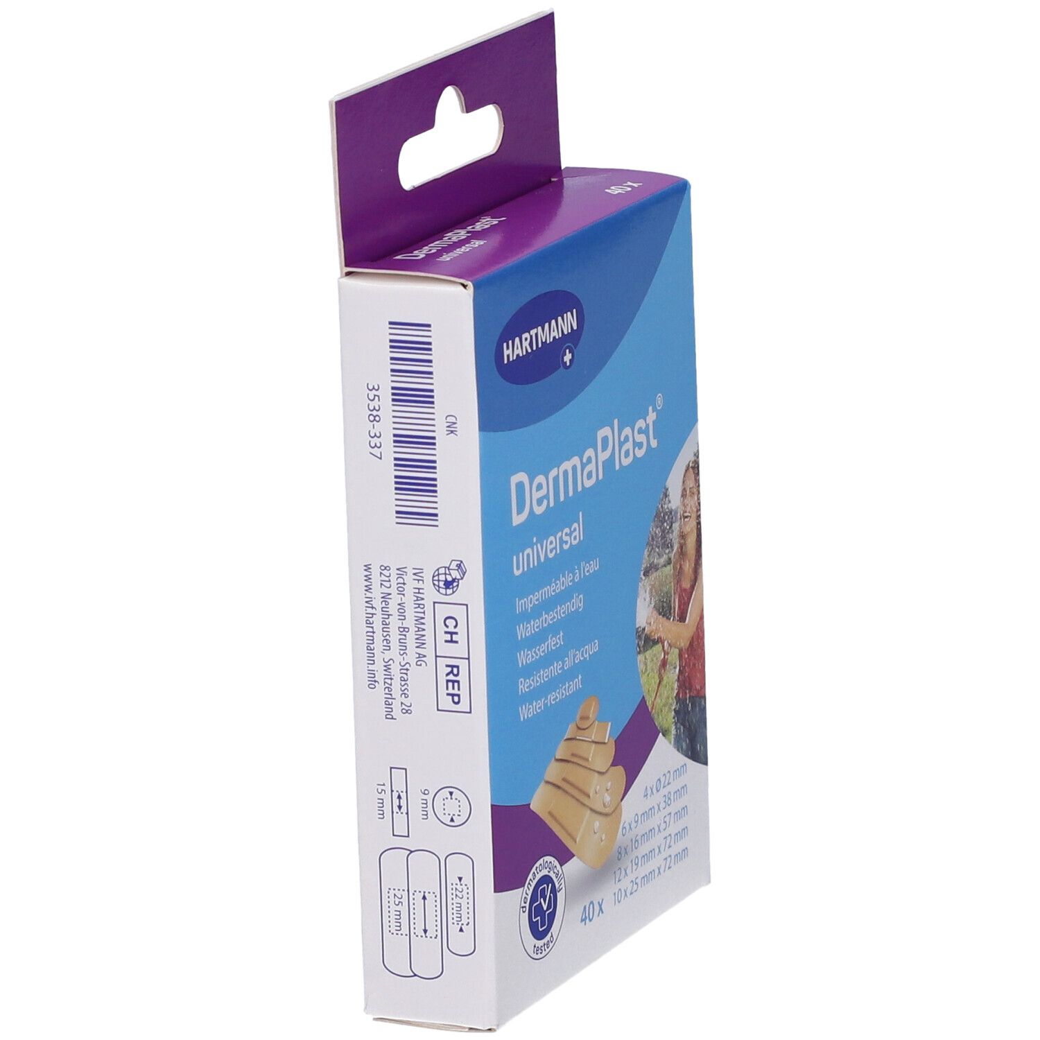 Vista laterale della confezione di cerotti Hartmann DermaPlast® universal. Informazioni e formati.