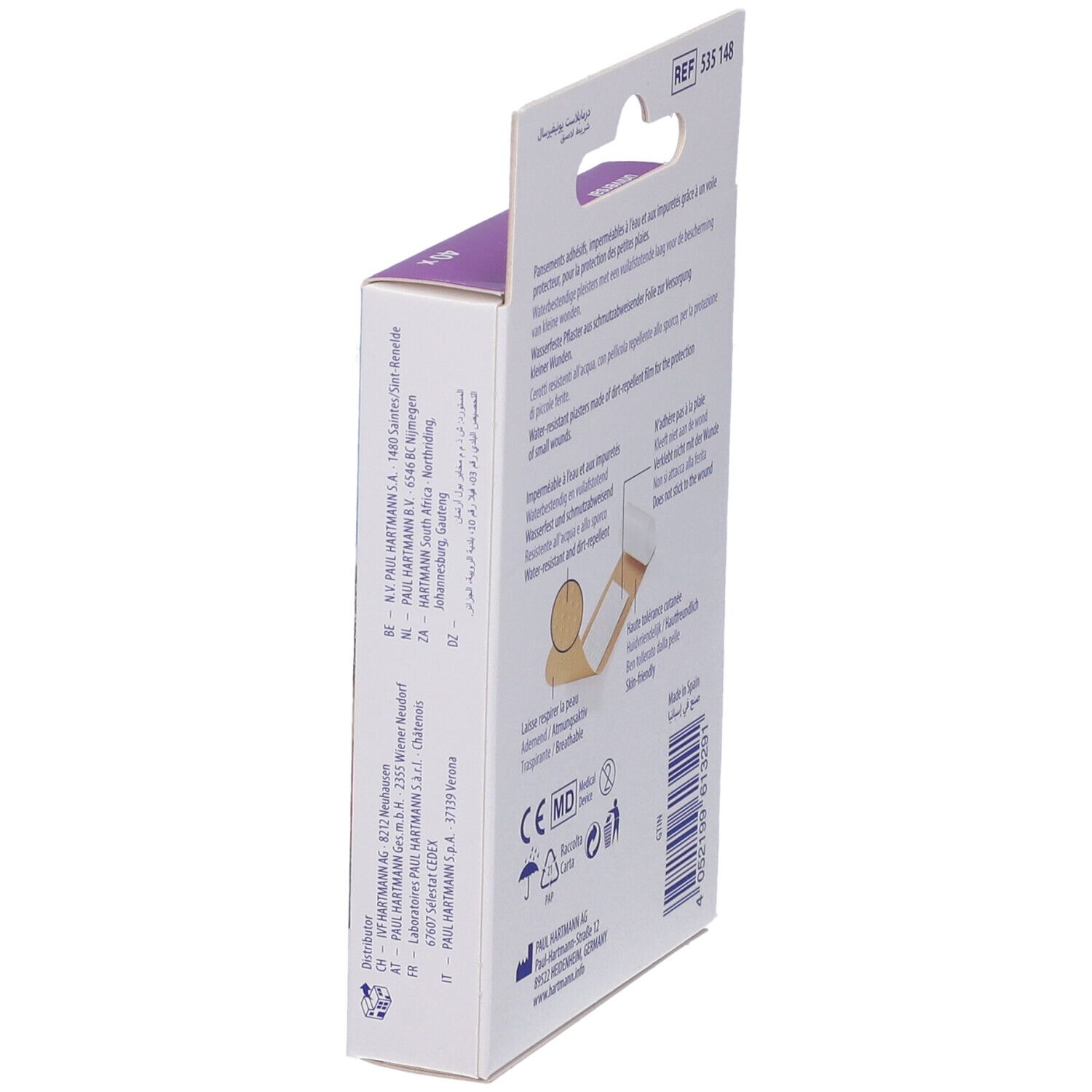Vista laterale della confezione di cerotti Hartmann DermaPlast® universal. Informazioni e produttore.