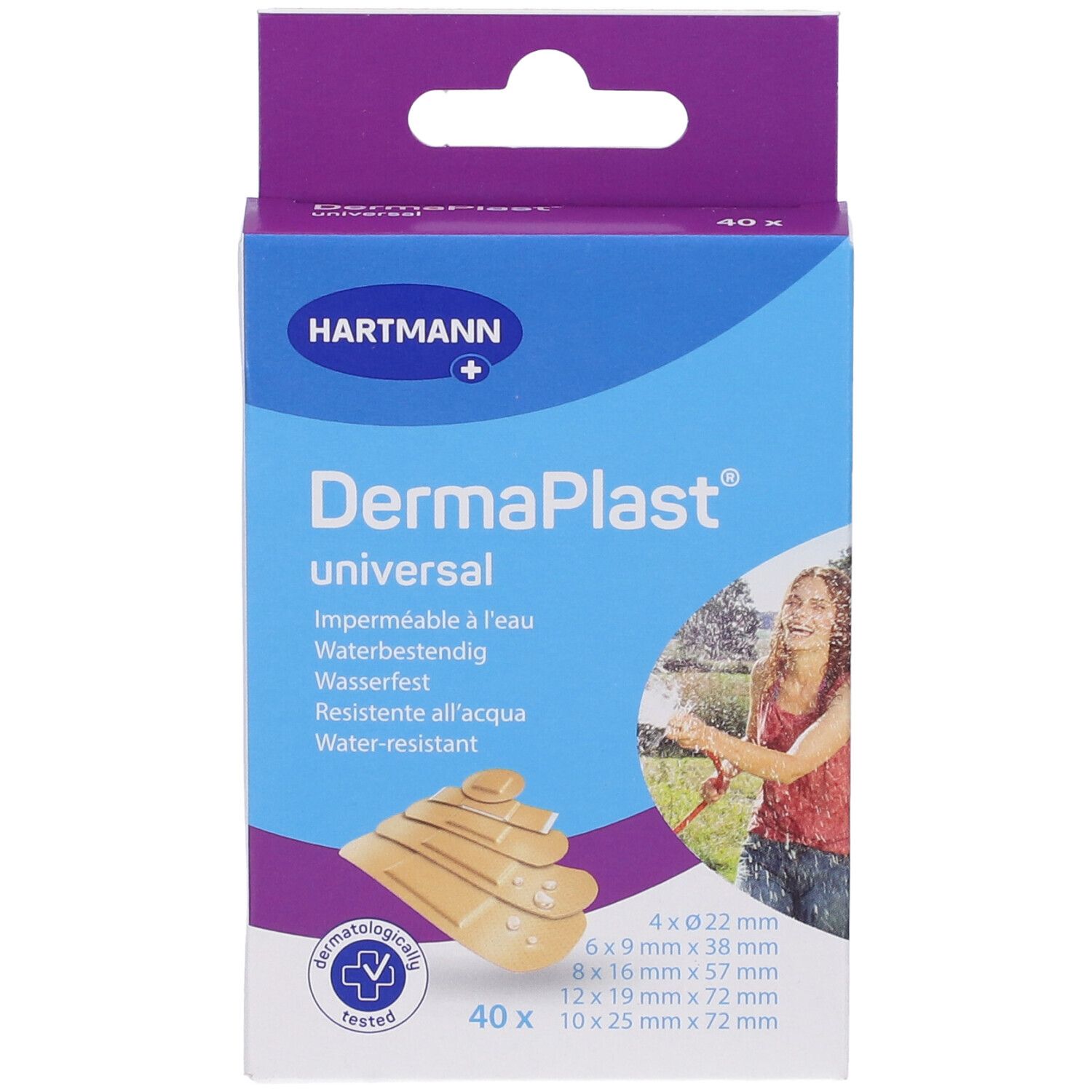 Confezione di cerotti Hartmann DermaPlast® universal. Contiene 40 pezzi in 5 formati. Impermeabile.
