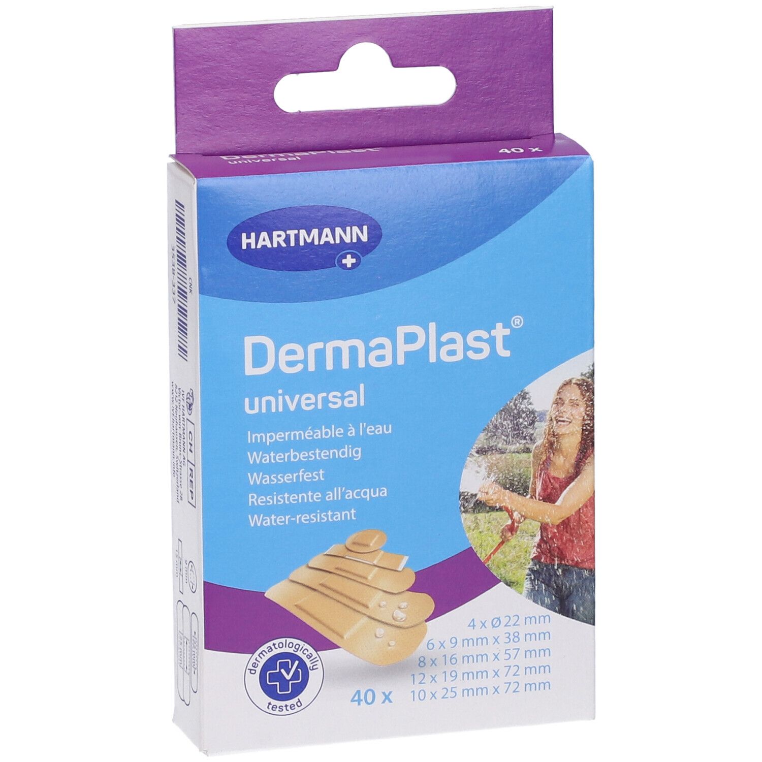 Confezione di cerotti Hartmann DermaPlast® universal. Contiene 40 pezzi in 5 formati. Impermeabile.
