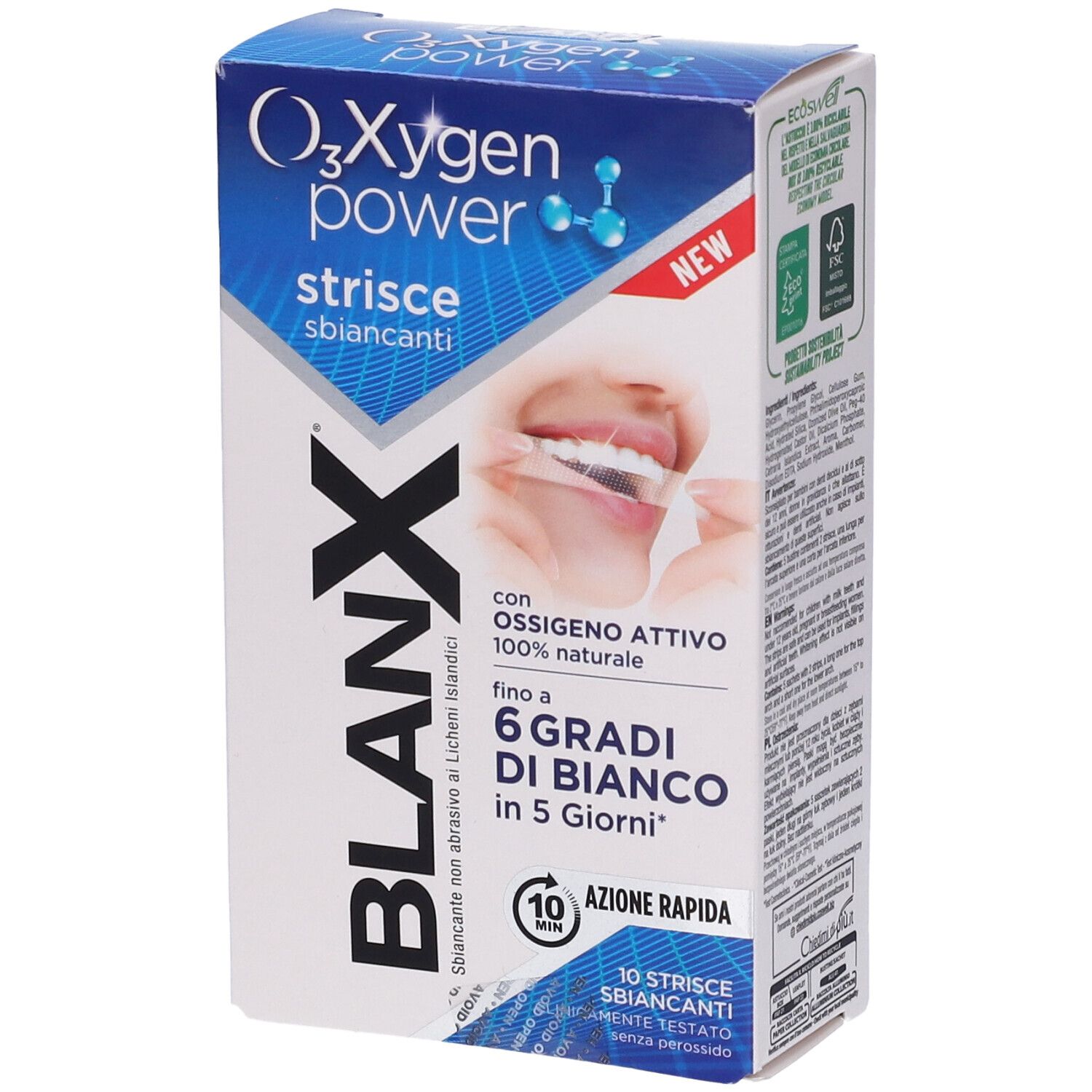 Confezione Blanx O₃Xygen Power strisce sbiancanti. Contiene 10 strisce. Scritta: 6 gradi di bianco in 5 giorni. Con ossigeno attivo.