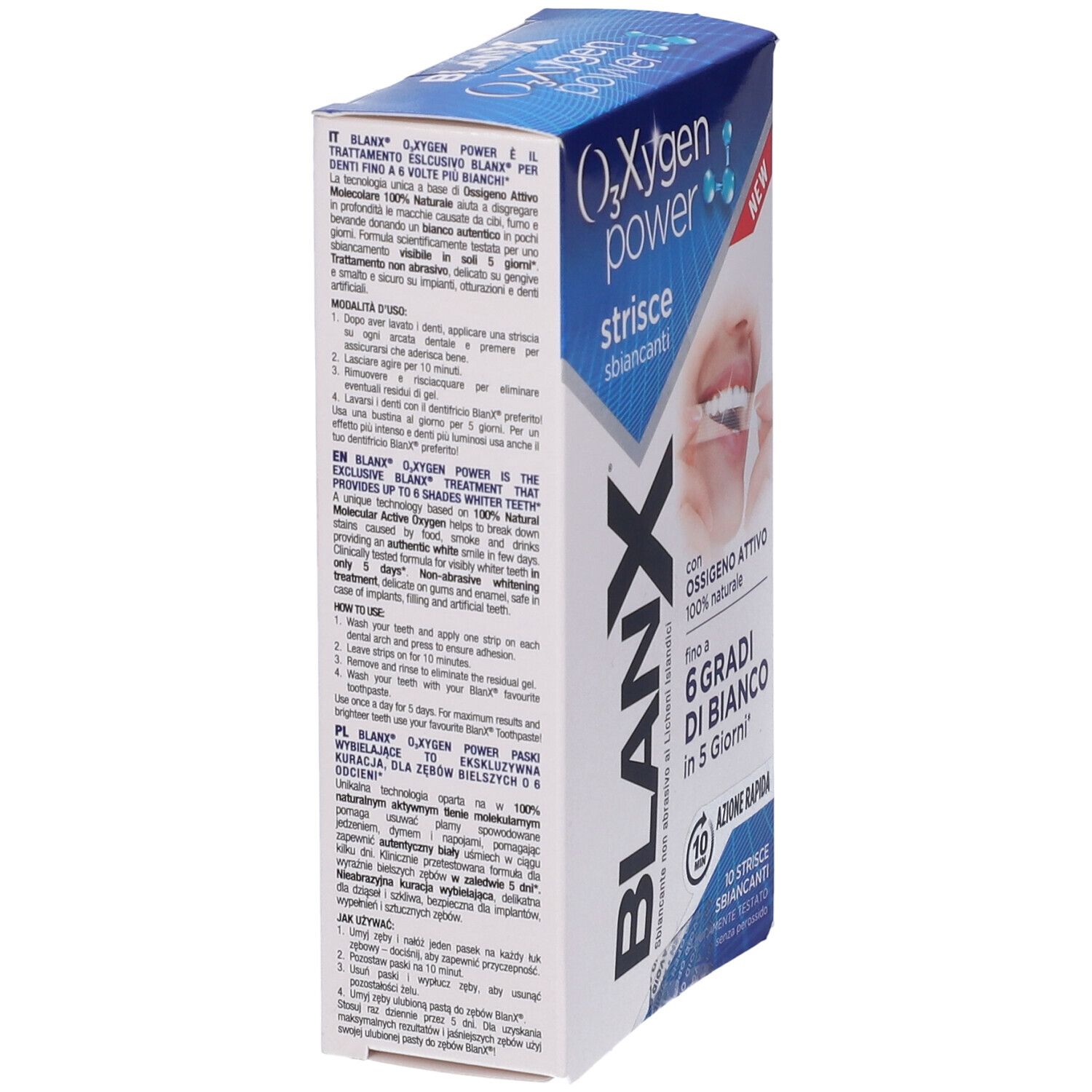 Confezione Blanx O₃Xygen Power strisce sbiancanti. Contiene 10 strisce. Scritta: 6 gradi di bianco in 5 giorni. Vista laterale.