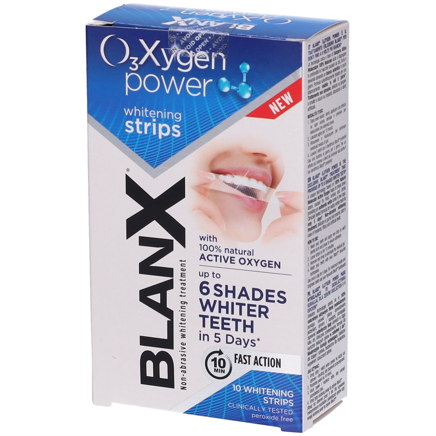 Confezione Blanx O₃Xygen Power strisce sbiancanti. Contiene 10 strisce. Scritta: 6 gradi di bianco in 5 giorni. Vista frontale.
