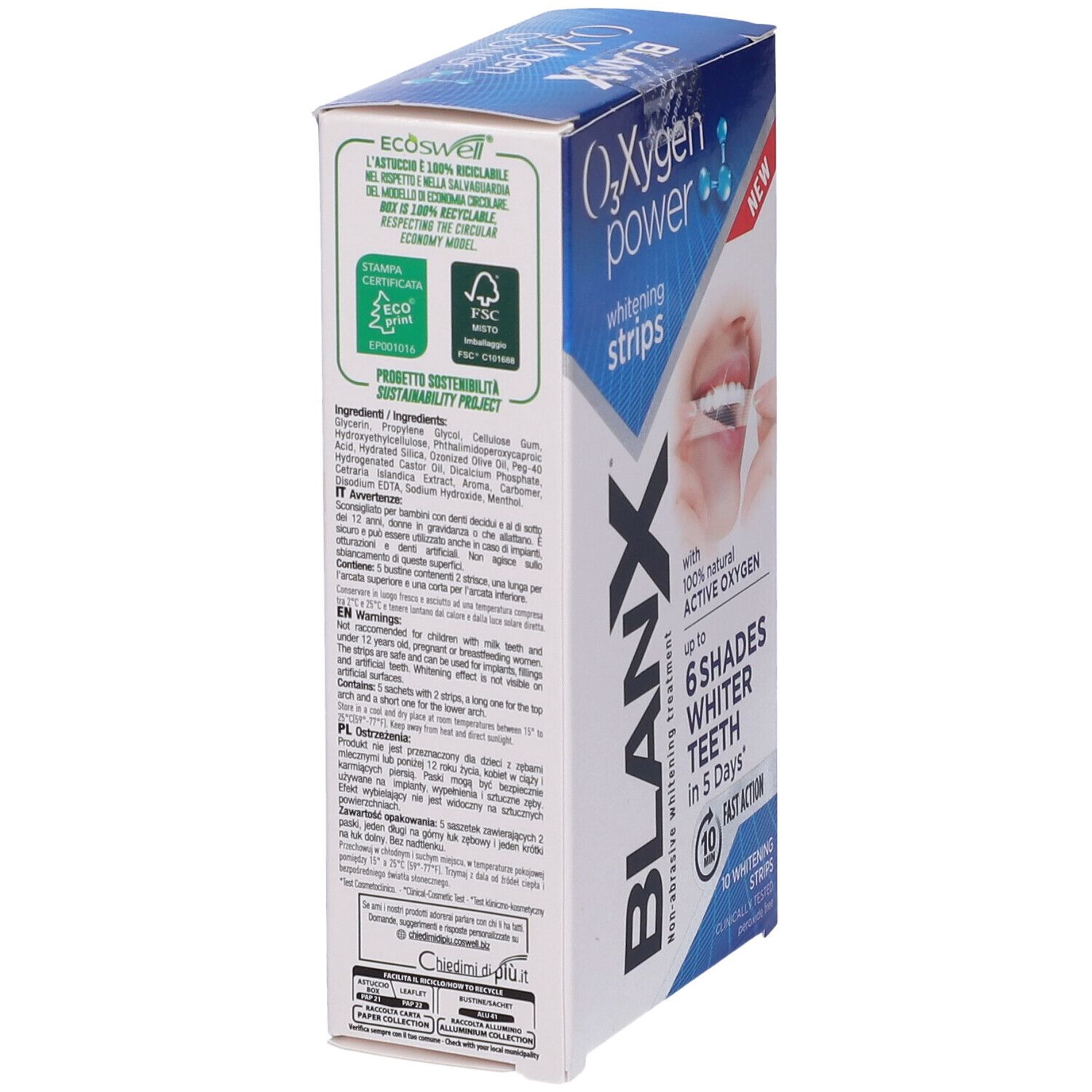 Confezione Blanx O₃Xygen Power strisce sbiancanti. Contiene 10 strisce. Scritta: 6 gradi di bianco in 5 giorni. Vista laterale.