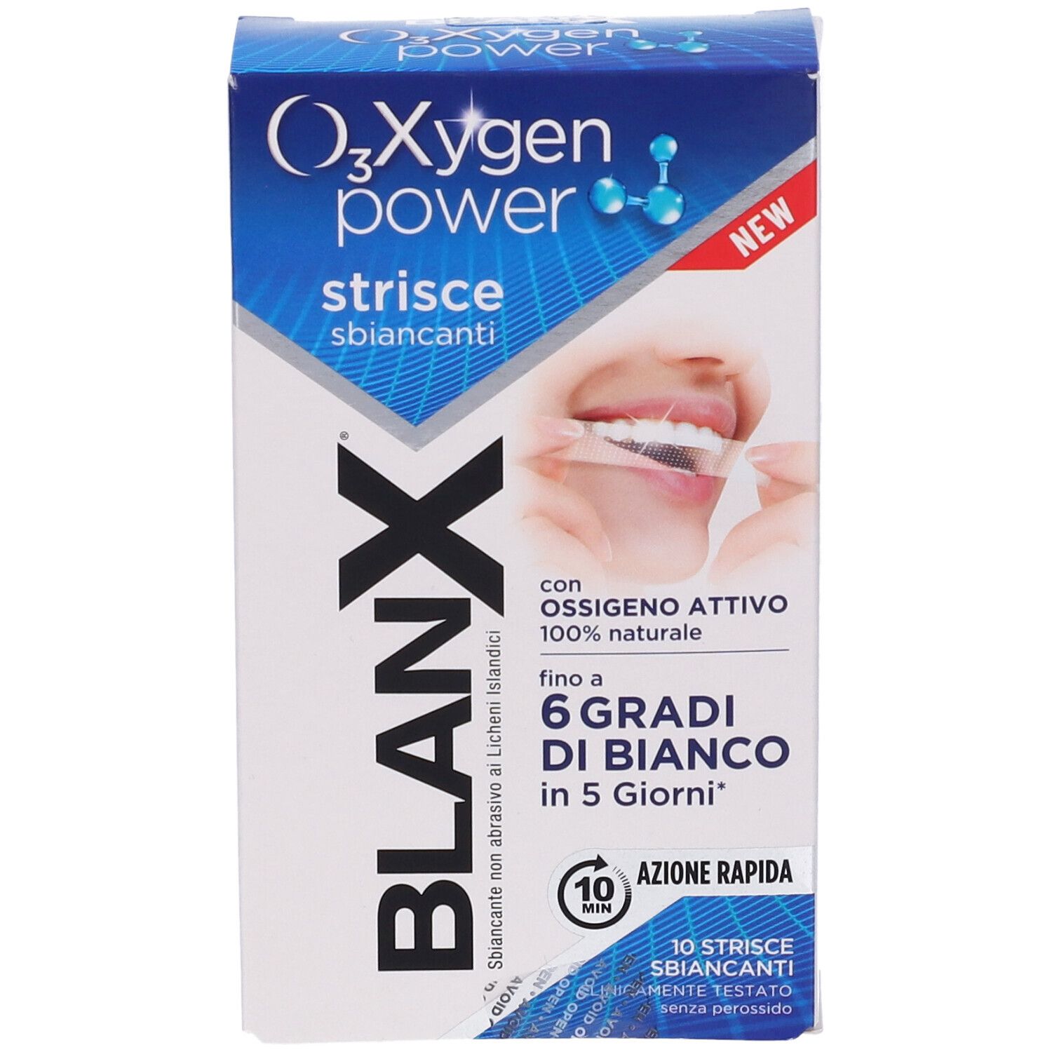 Confezione Blanx O₃Xygen Power strisce sbiancanti. Contiene 10 strisce. Scritta: 6 gradi di bianco in 5 giorni. Con ossigeno attivo.