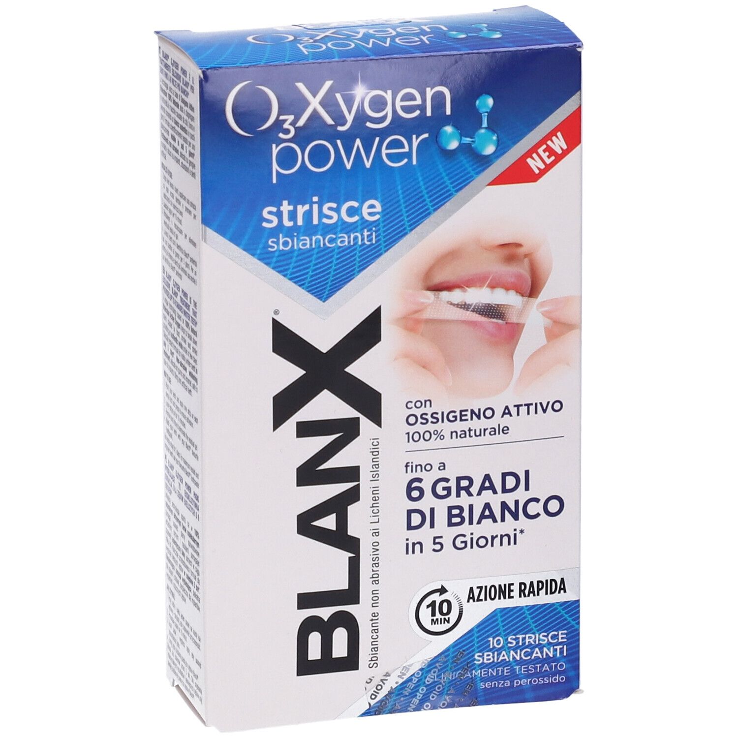 Confezione Blanx O₃Xygen Power strisce sbiancanti. Contiene 10 strisce. Scritta: 6 gradi di bianco in 5 giorni. Con ossigeno attivo.