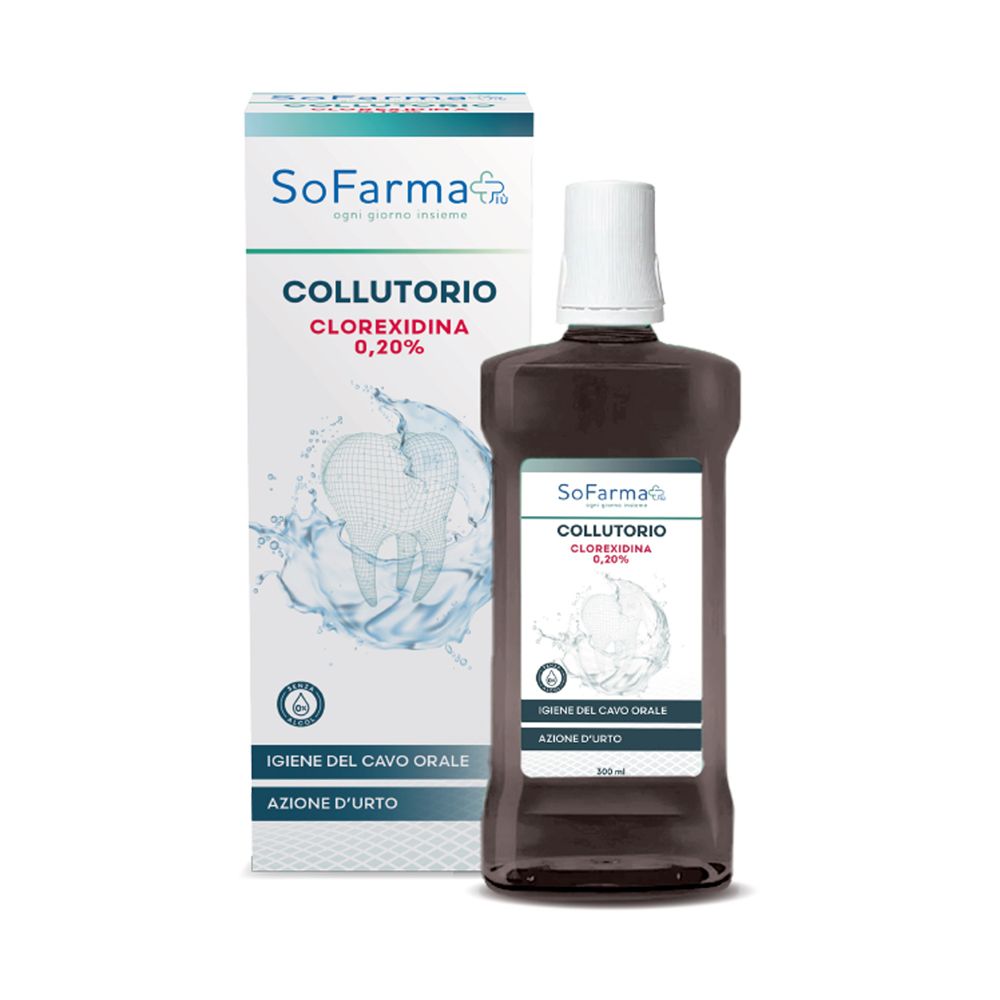 SoFarma Mundwasser mit Chlorhexidin 0,20% in dunkler Flasche und Kartonverpackung.