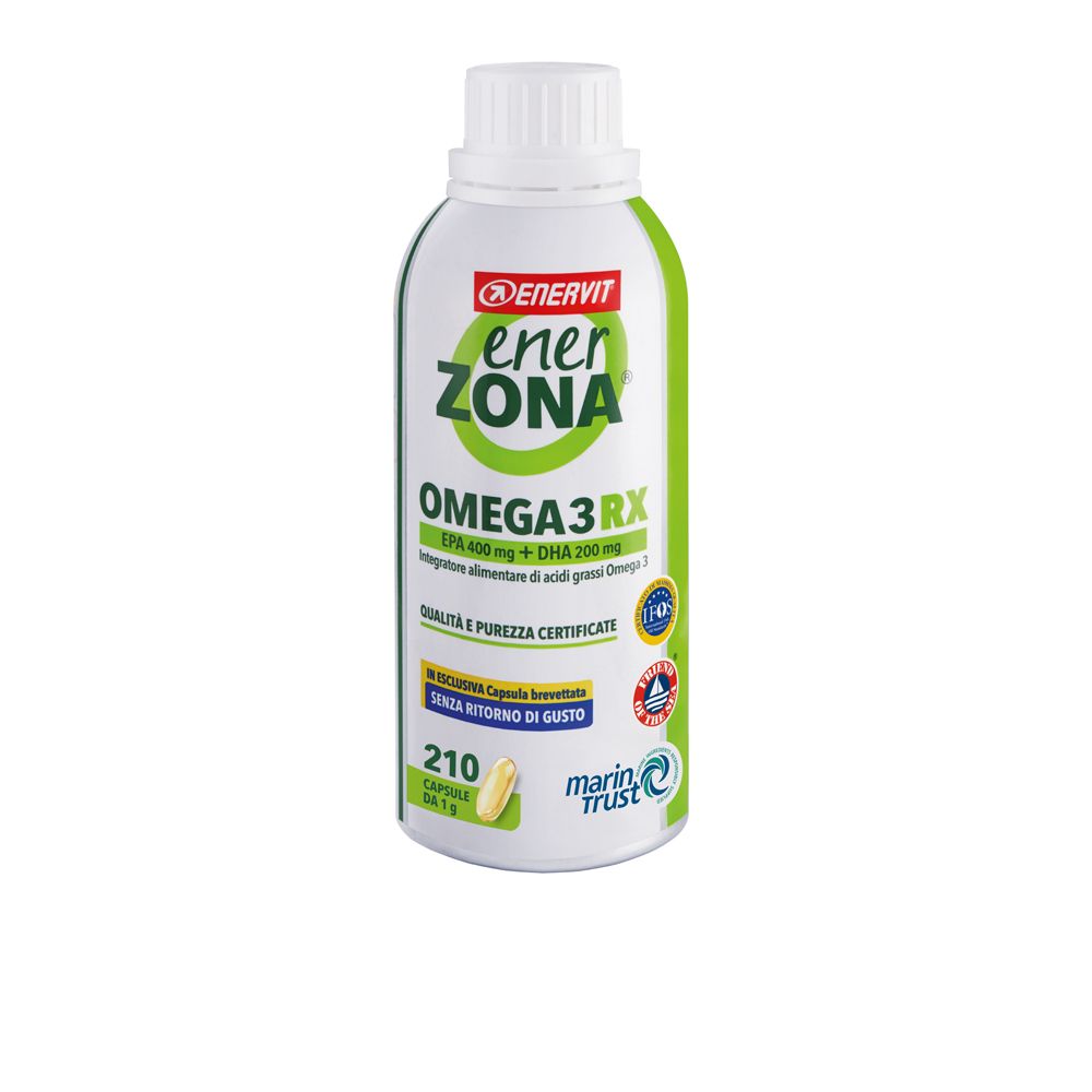 Weiß-grüne Flasche mit ENERVIT enerZONA OMEGA3RX. 210 Kapseln. Zertifizierungen und Logos.