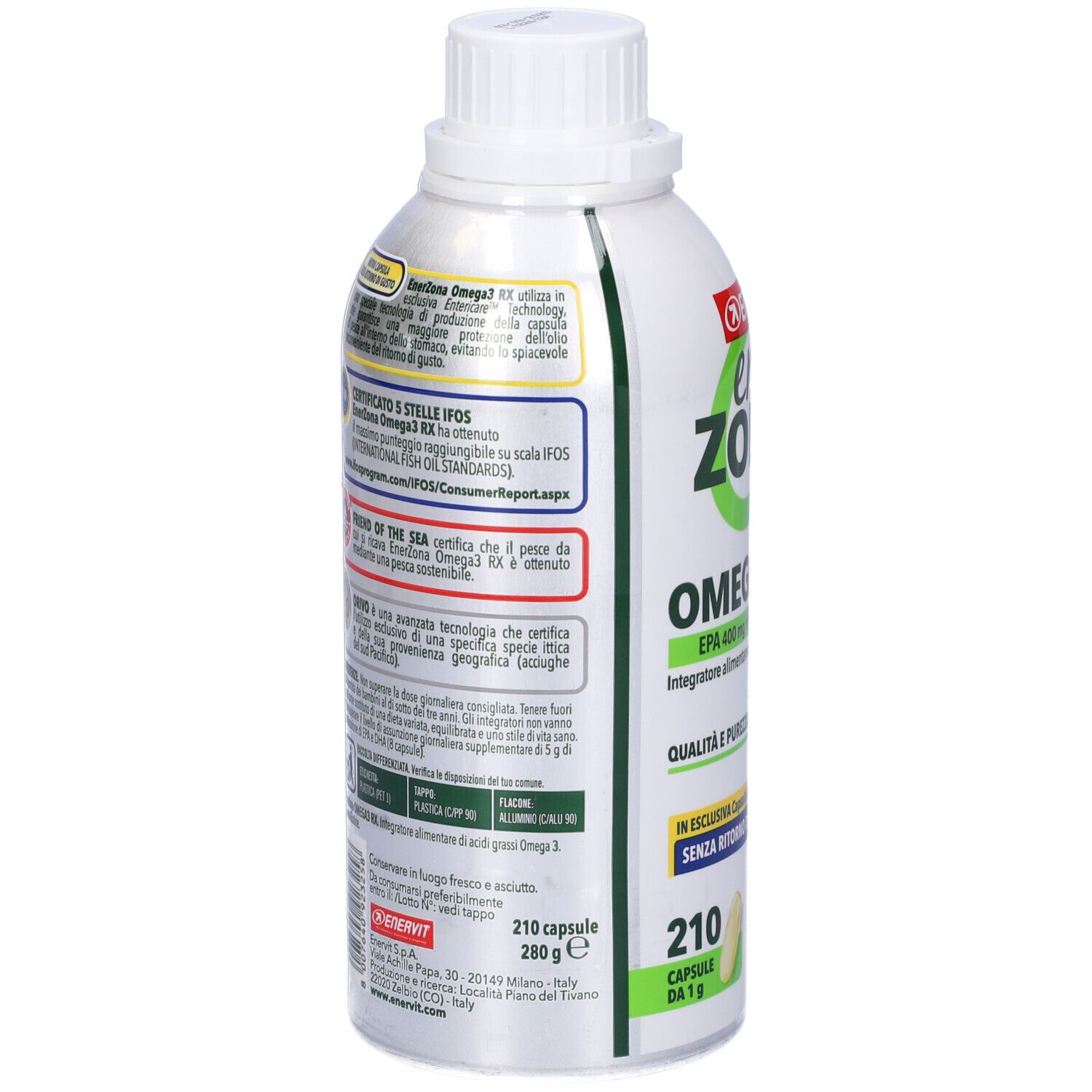 Rückseite der Flasche ENERVIT enerZONA OMEGA3RX. Textinformationen, Zertifizierungen und Logos.