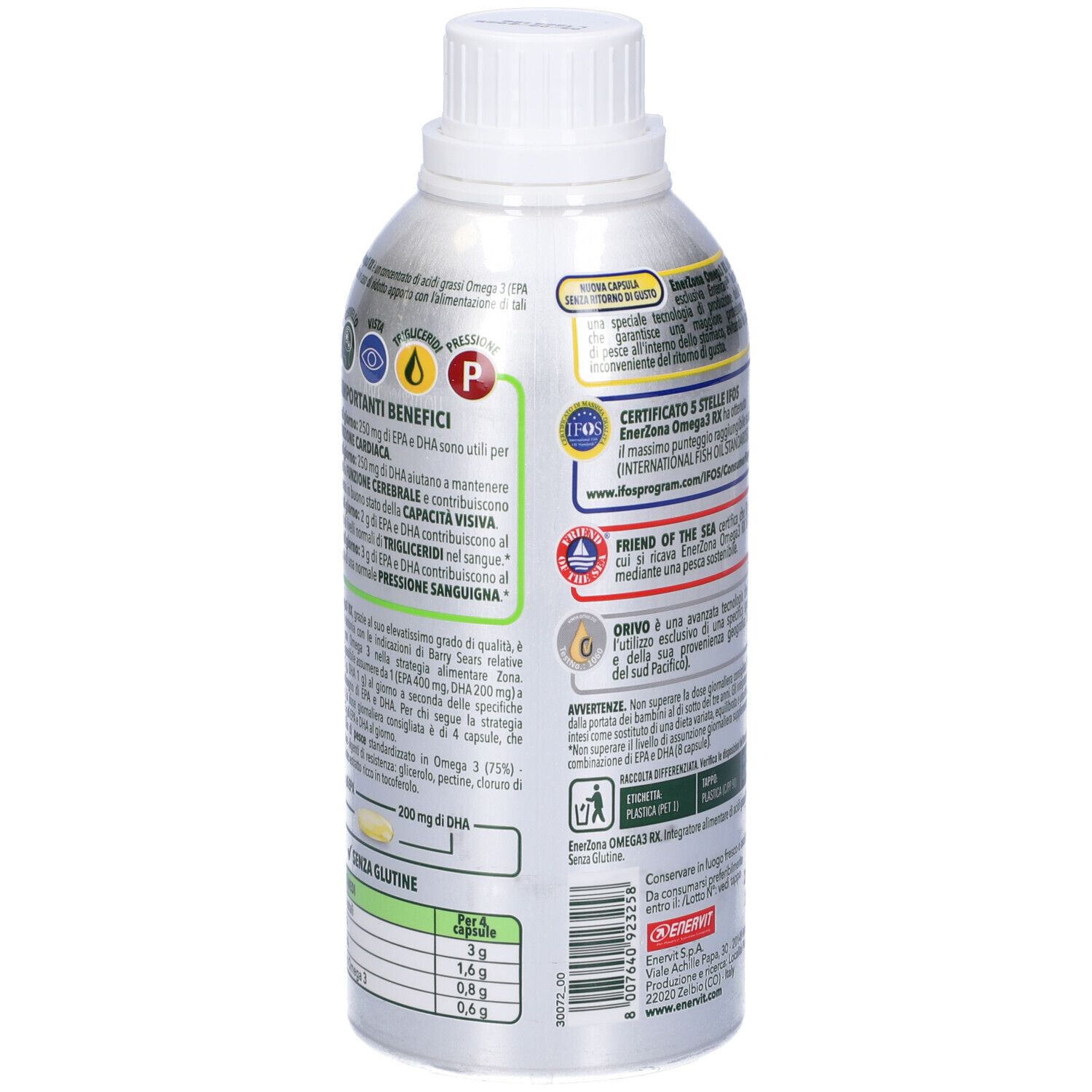 Rückseite der Flasche ENERVIT enerZONA OMEGA3RX. Text, Zertifizierungen, Logos und Nährwertangaben.