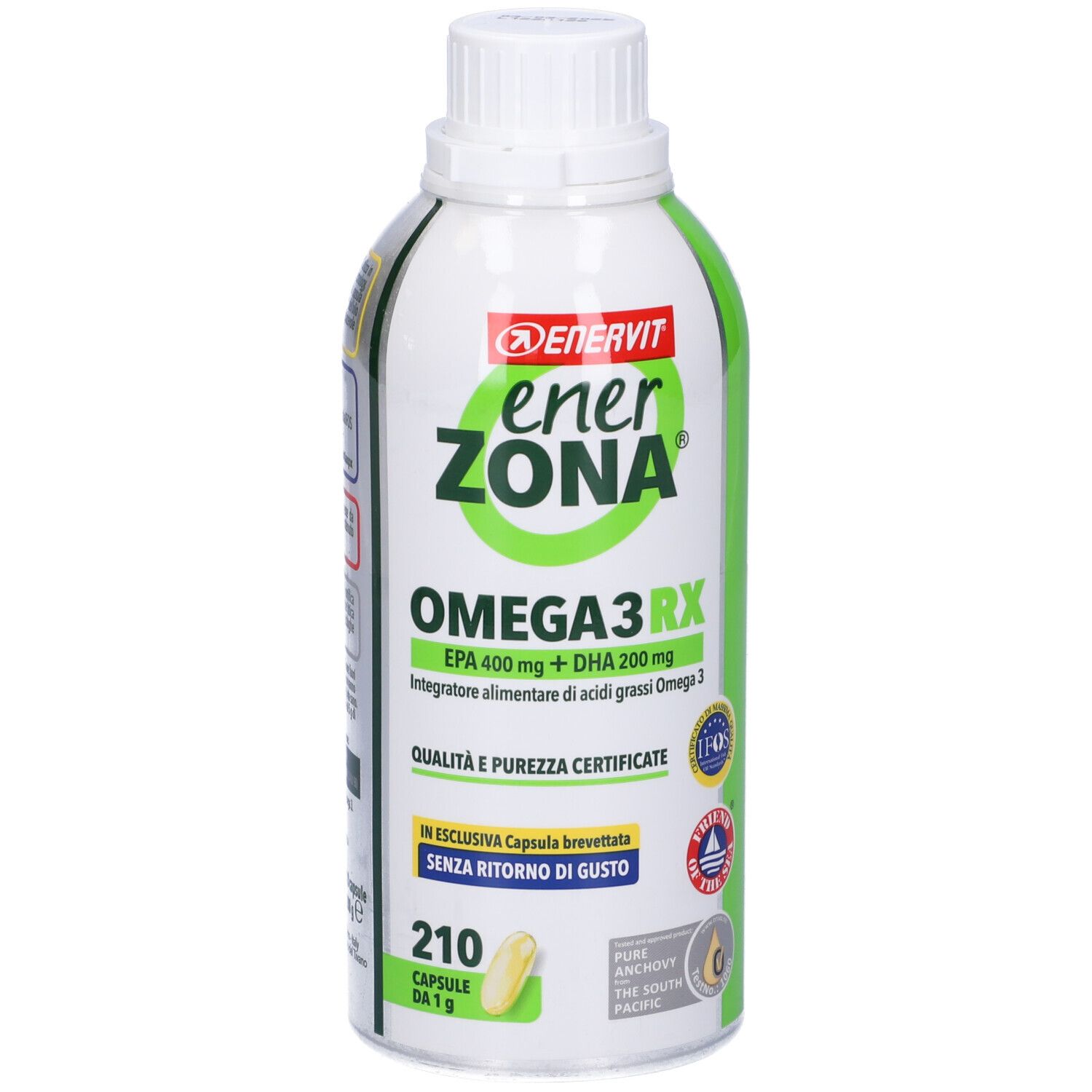Weiß-grüne Flasche ENERVIT enerZONA OMEGA3RX. 210 Kapseln. Zertifizierungen und Logos.