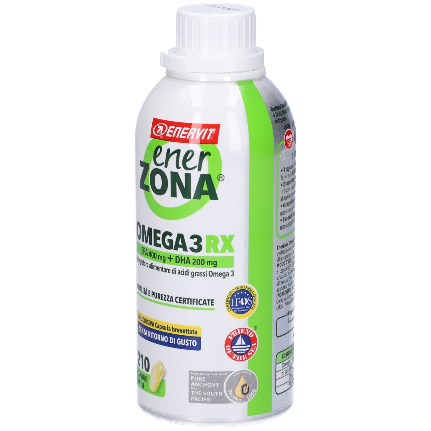 Weiß-grüne Flasche ENERVIT enerZONA OMEGA3RX. 210 Kapseln. Zertifizierungen und Logos.