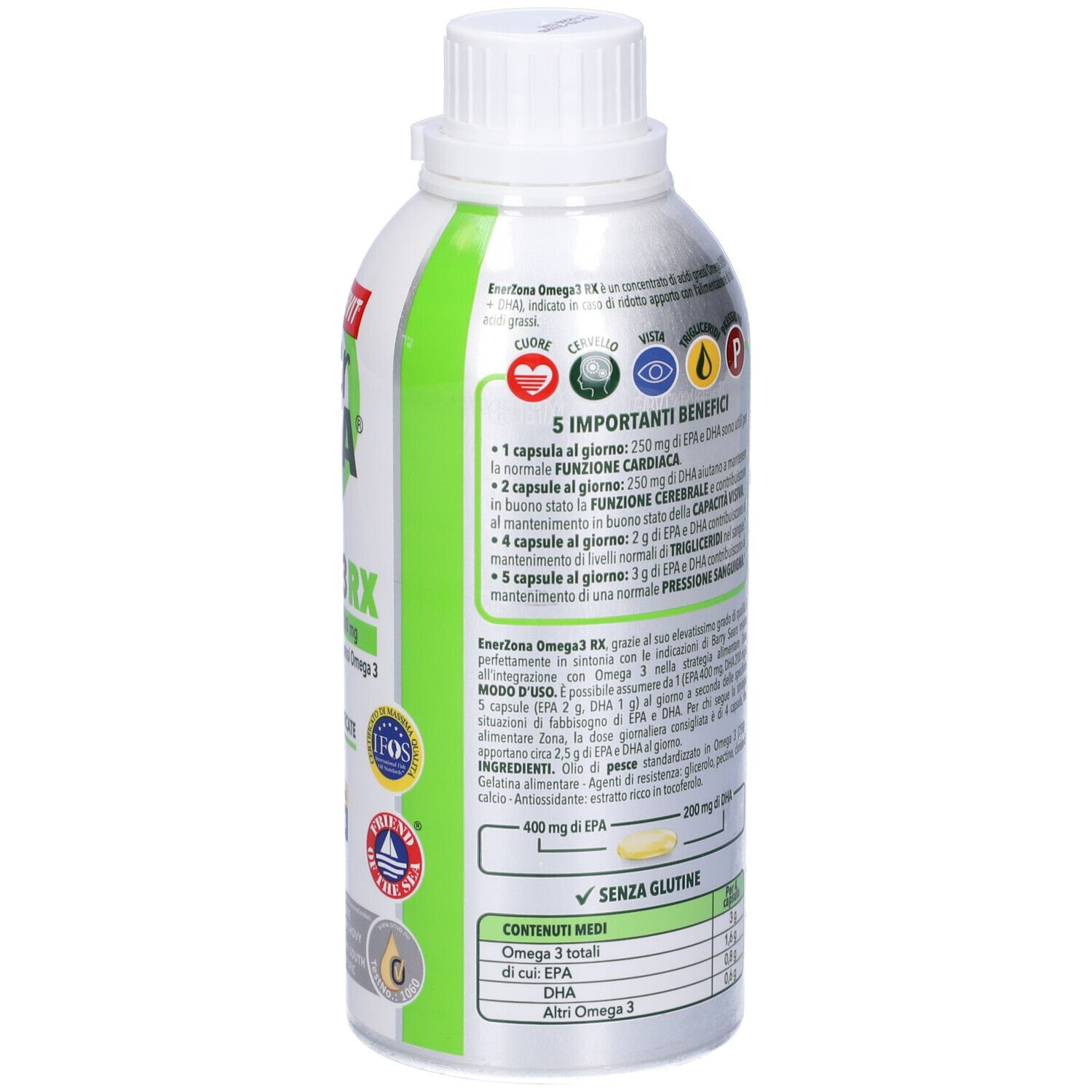 Rückseite der Flasche ENERVIT enerZONA OMEGA3RX. Text, Zertifizierungen, Logos und Nährwertangaben.