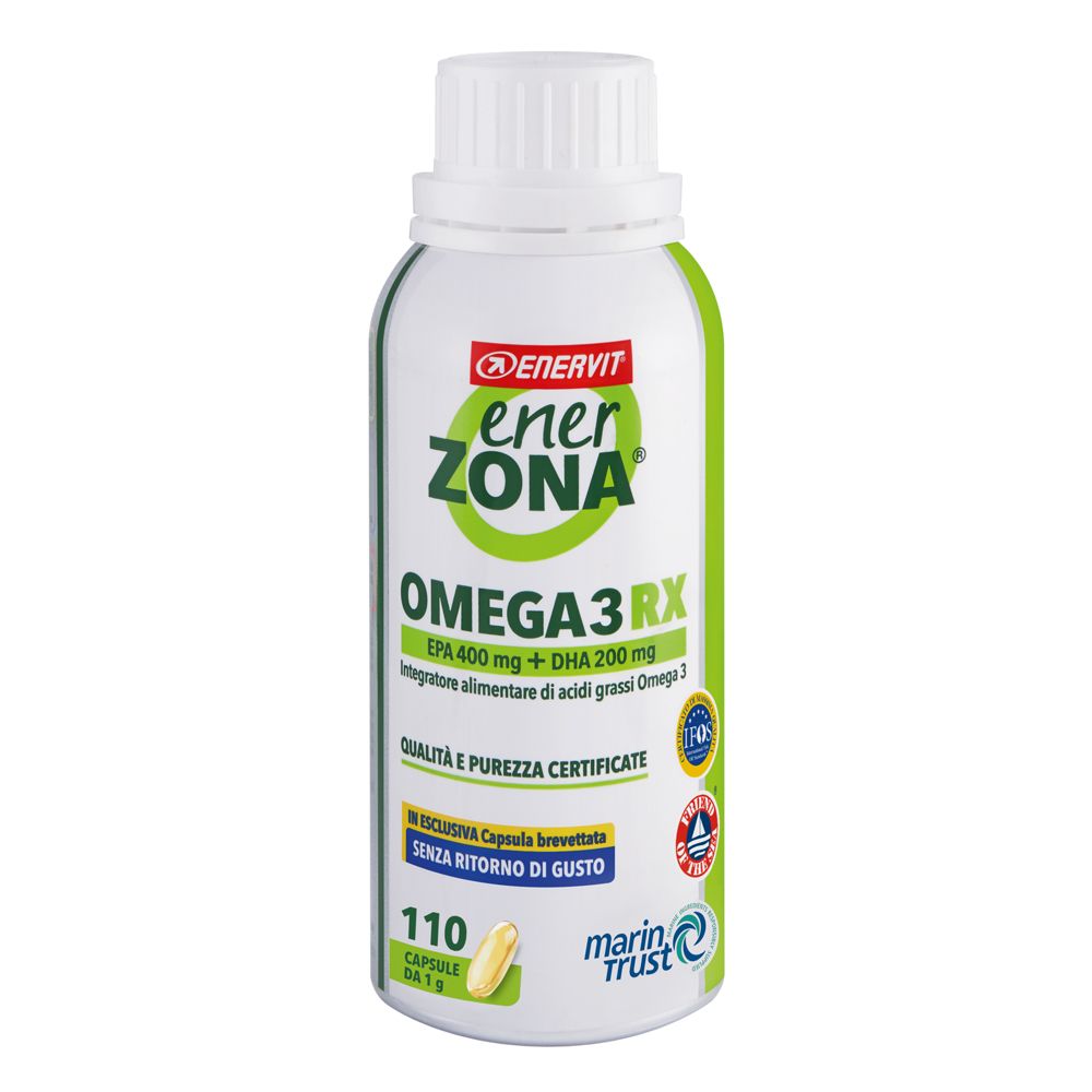 Weiß-grüne Flasche mit Kapseln. Aufschrift: EnerZona Omega 3RX, EPA 400 mg + DHA 200 mg. 110 Kapseln.