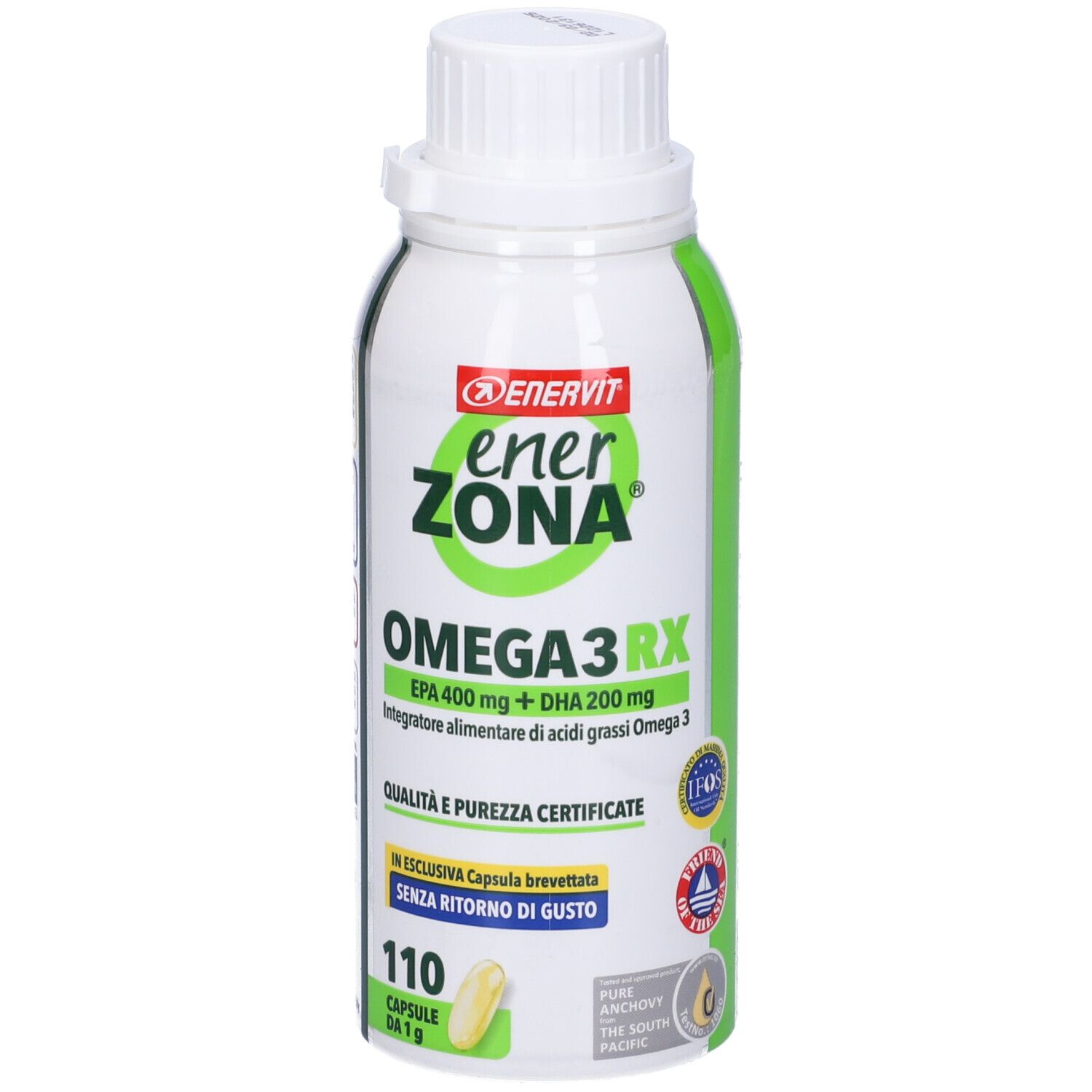 Weiß-grüne Flasche mit Kapseln. EnerZona Omega 3RX, EPA 400 mg + DHA 200 mg. 110 Kapseln. Zertifizierungen.