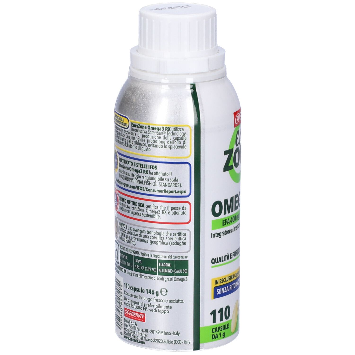Rückseite der Flasche. EnerZona Omega 3RX, EPA 400 mg + DHA 200 mg. Text und Zertifizierungen. 110 Kapseln.