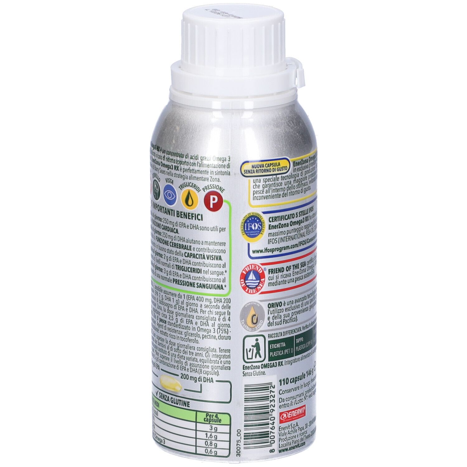 Rückseite der Flasche. EnerZona Omega 3RX, EPA 400 mg + DHA 200 mg. Text und Zertifizierungen. 110 Kapseln.