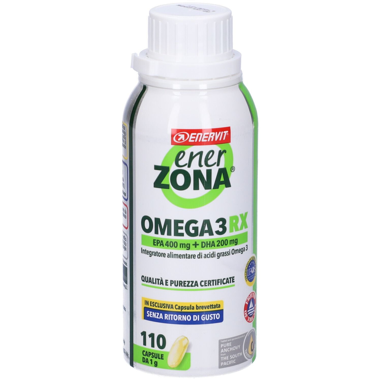 Weiß-grüne Flasche mit Kapseln. EnerZona Omega 3RX, EPA 400 mg + DHA 200 mg. 110 Kapseln. Zertifizierungen.