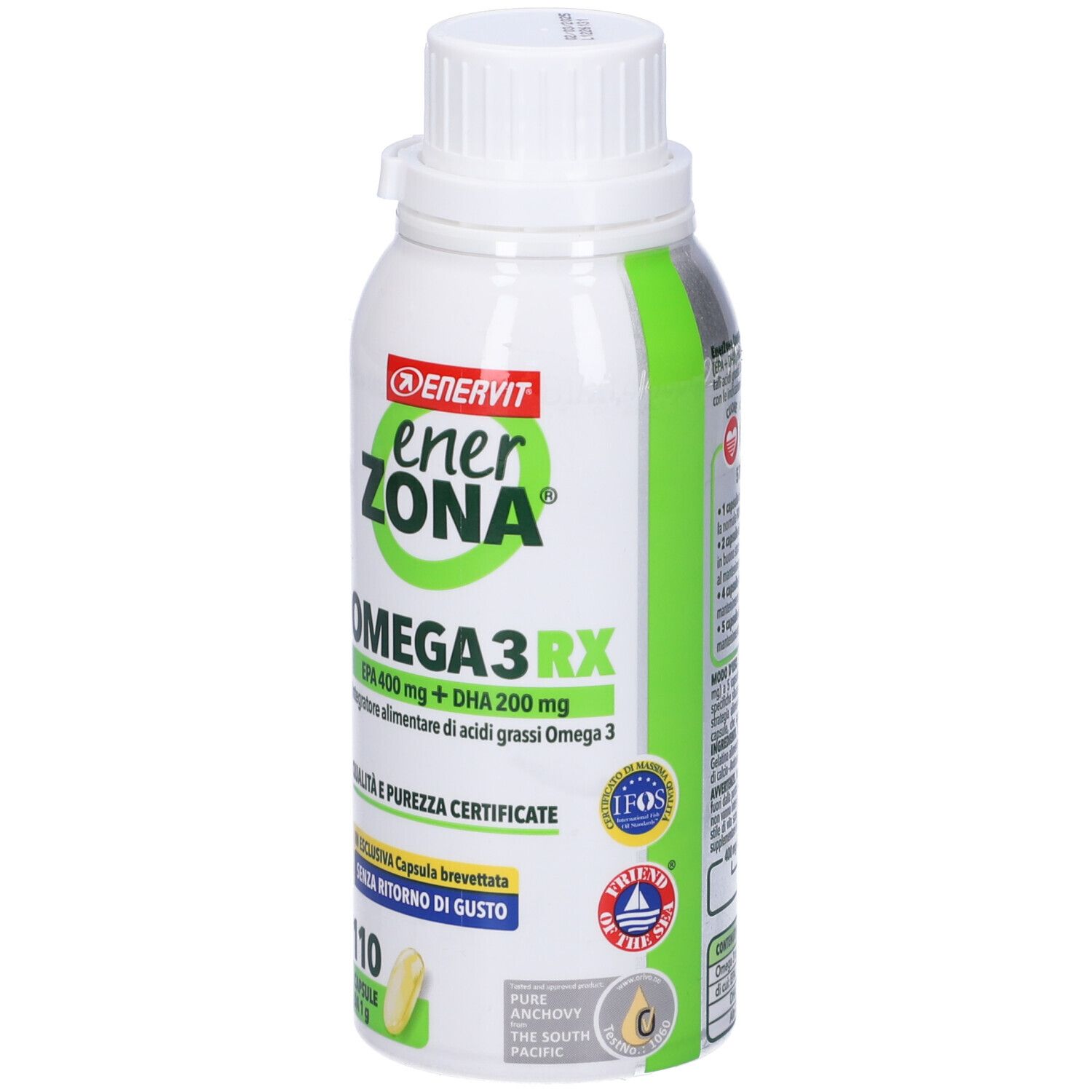 Weiß-grüne Flasche mit Kapseln. EnerZona Omega 3RX, EPA 400 mg + DHA 200 mg. 110 Kapseln. Zertifizierungen.