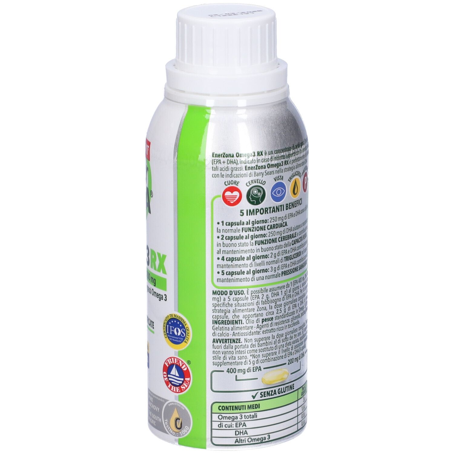 Rückseite der Flasche. EnerZona Omega 3RX, EPA 400 mg + DHA 200 mg. Text und Zertifizierungen. 110 Kapseln.
