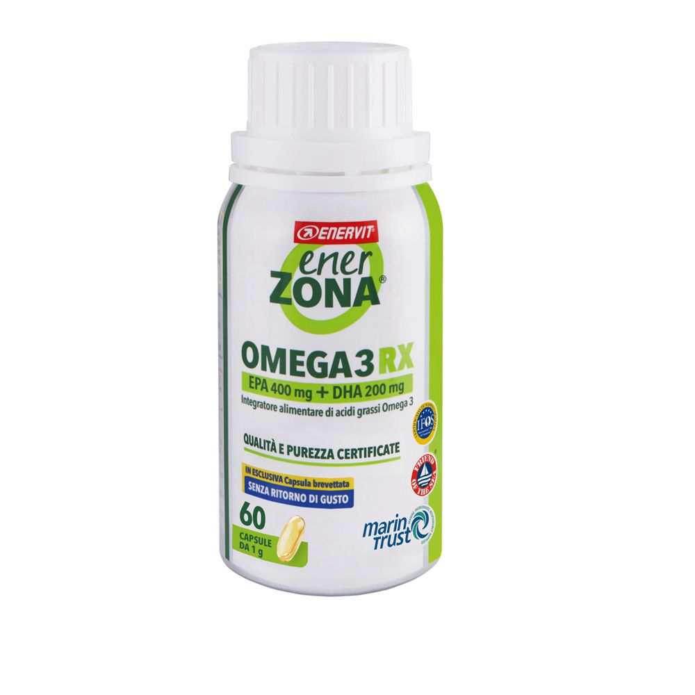 Flacone bianco con etichetta verde e bianca. Contiene capsule. Scritta: EnerZona Omega3 RX, EPA 400 mg + DHA 200 mg.