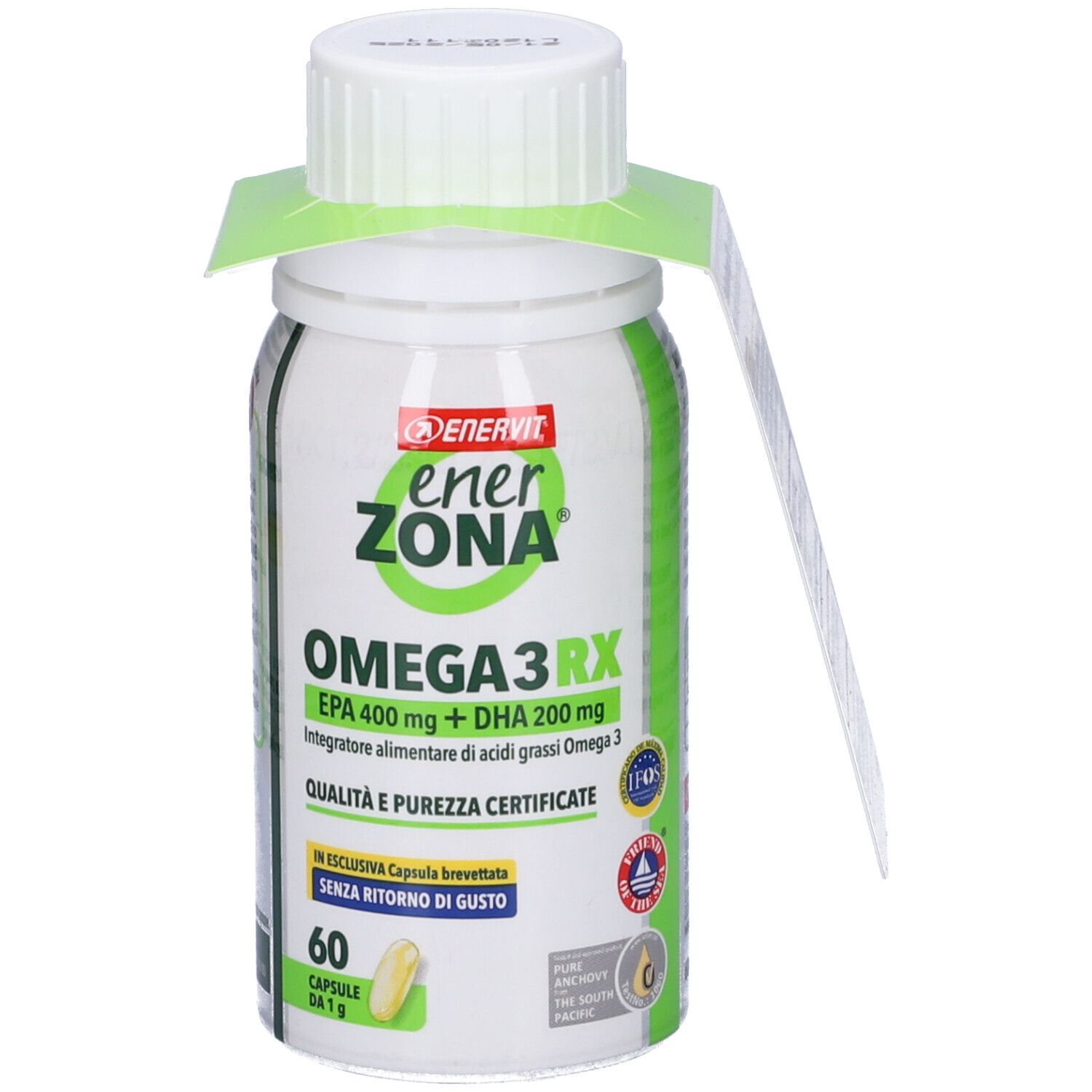 Flacone bianco con etichetta verde e bianca. Contiene capsule. Scritta: EnerZona Omega3 RX, EPA 400 mg + DHA 200 mg. Con linguetta.