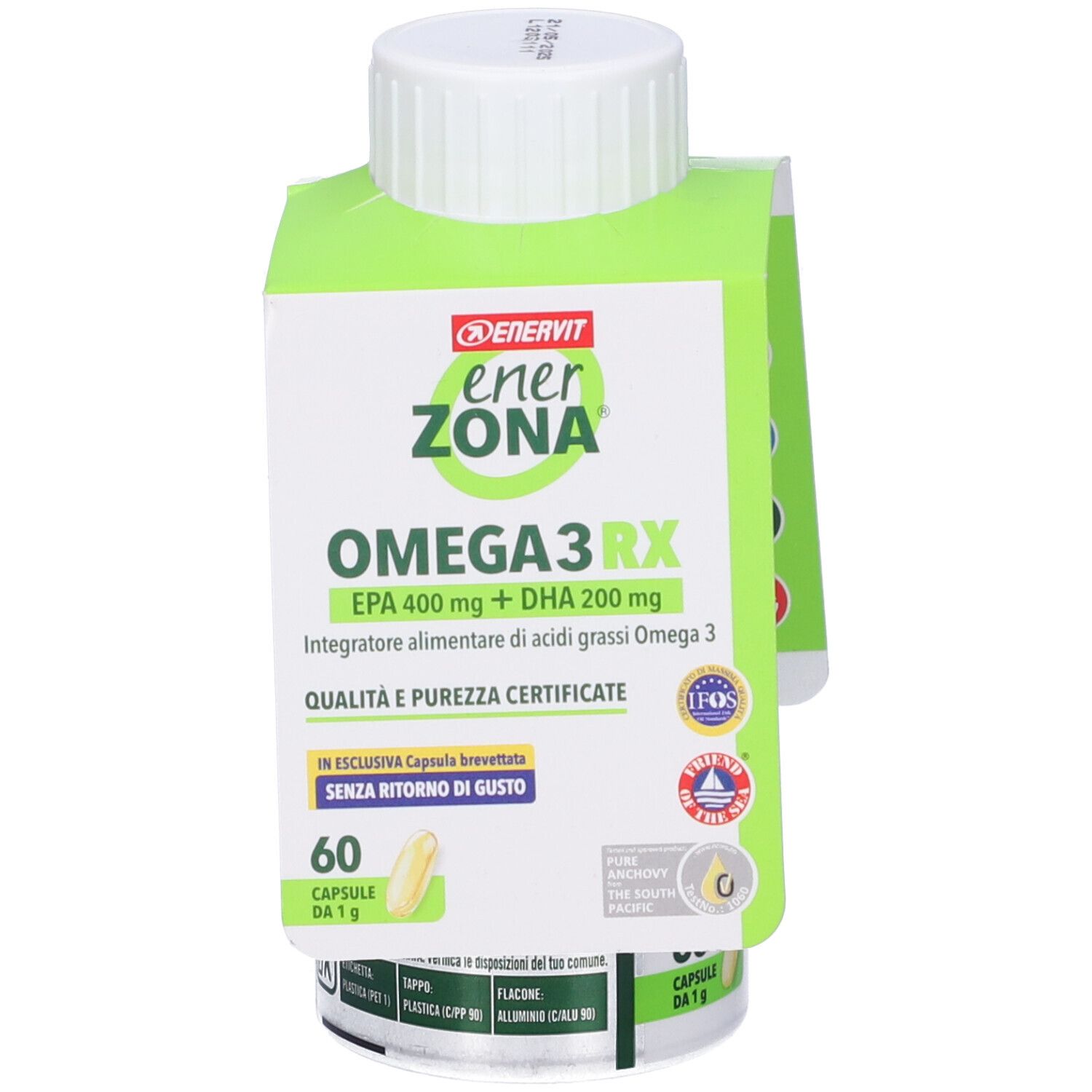 Flacone bianco con etichetta verde e bianca. Contiene capsule. Scritta: EnerZona Omega3 RX, EPA 400 mg + DHA 200 mg. Con linguetta.