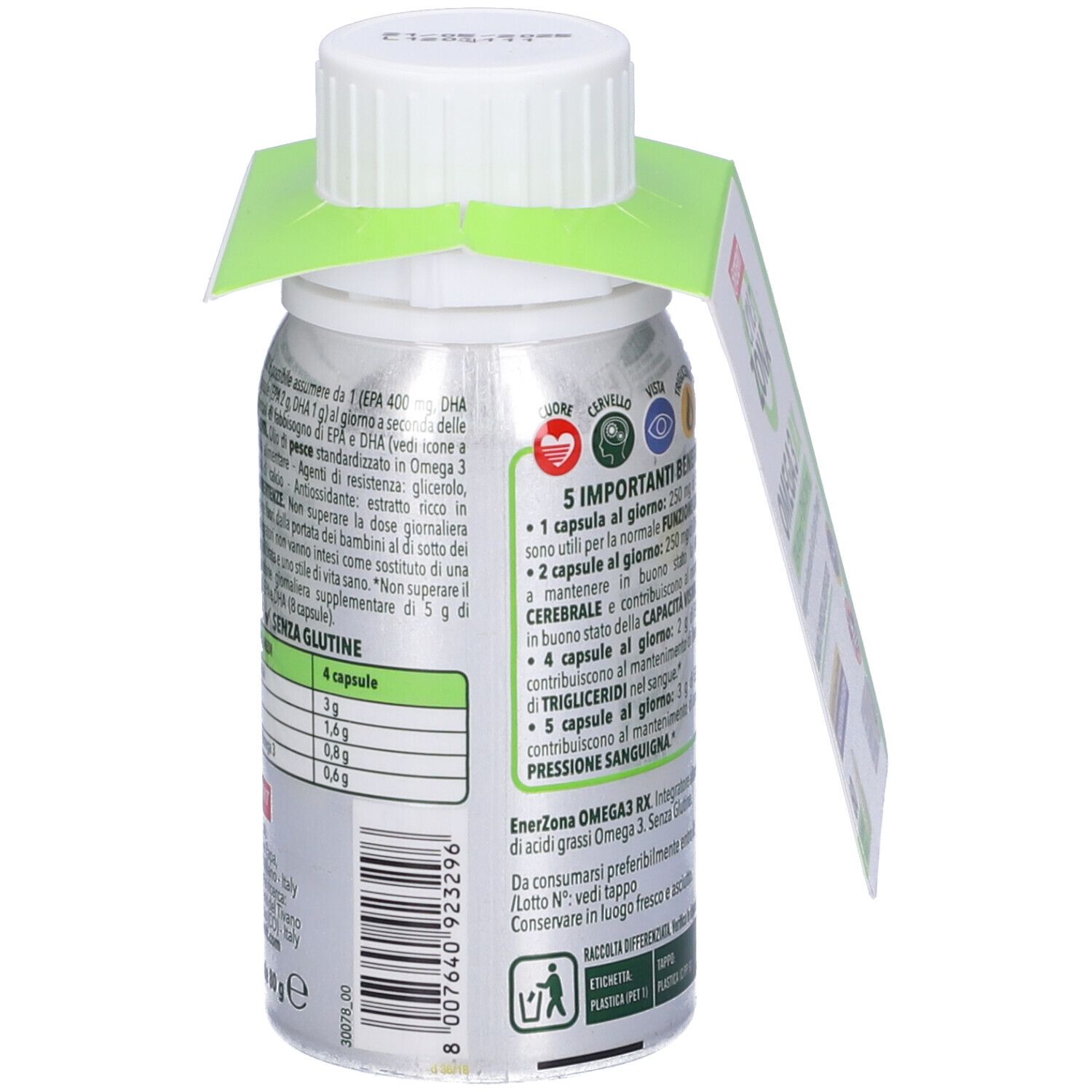 Flacone bianco con etichetta verde e bianca. Contiene capsule. Scritta: EnerZona Omega3 RX, EPA 400 mg + DHA 200 mg. Retro con testo.