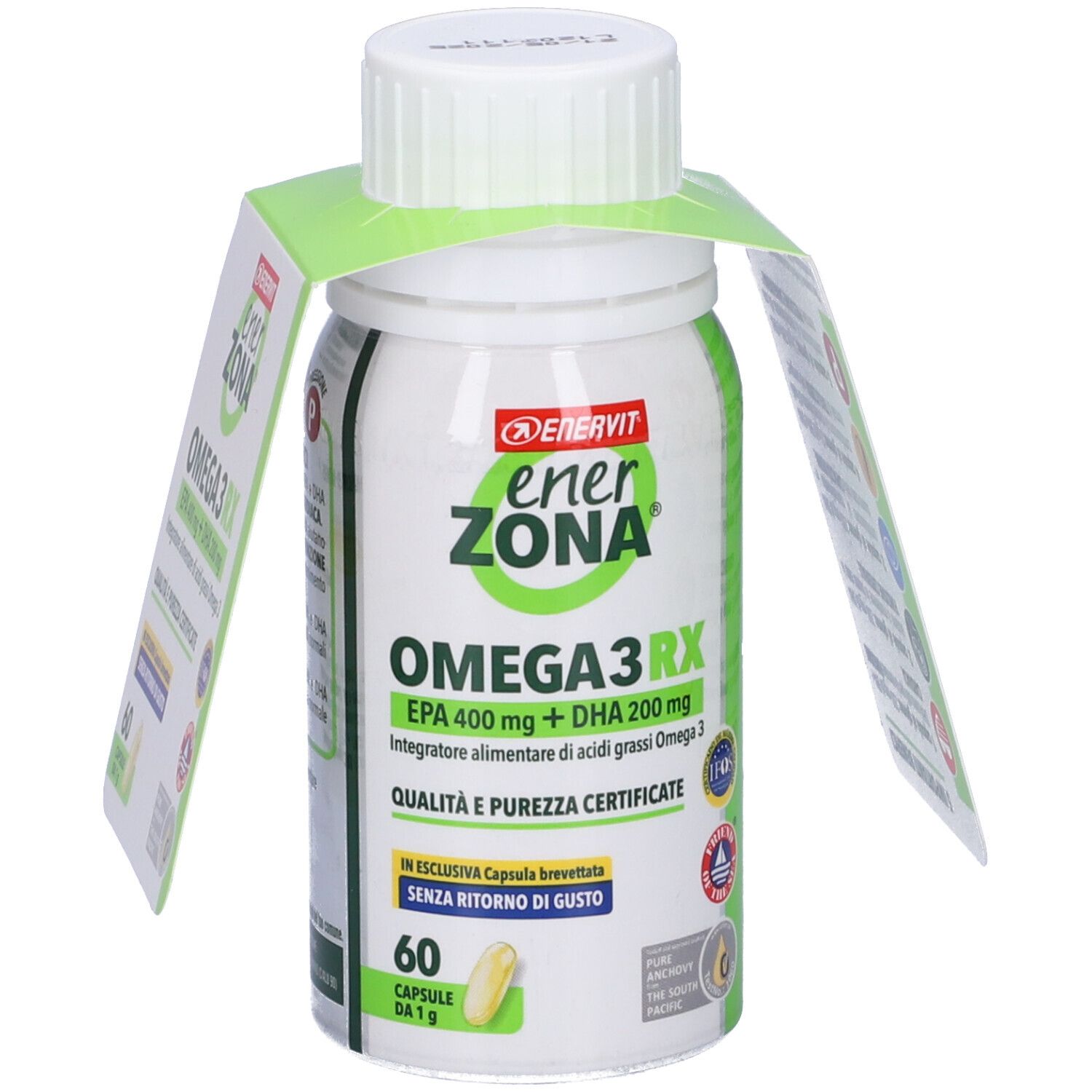 Flacone bianco con etichetta verde e bianca. Contiene capsule. Scritta: EnerZona Omega3 RX, EPA 400 mg + DHA 200 mg. Con linguetta.